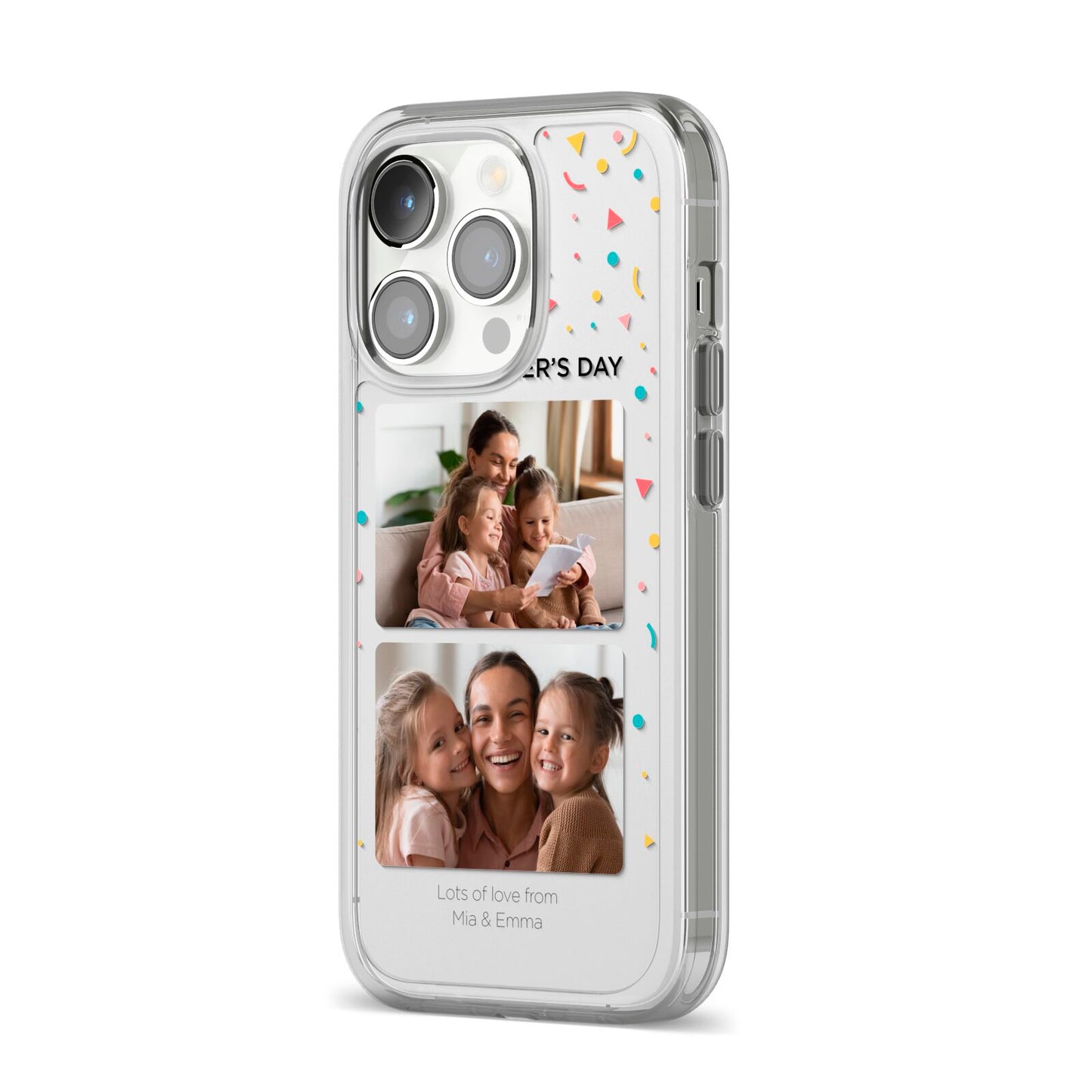 Mothers Day Confetti Photos with Names iPhone 14 Pro Clear Tough Case Silver Angled Image