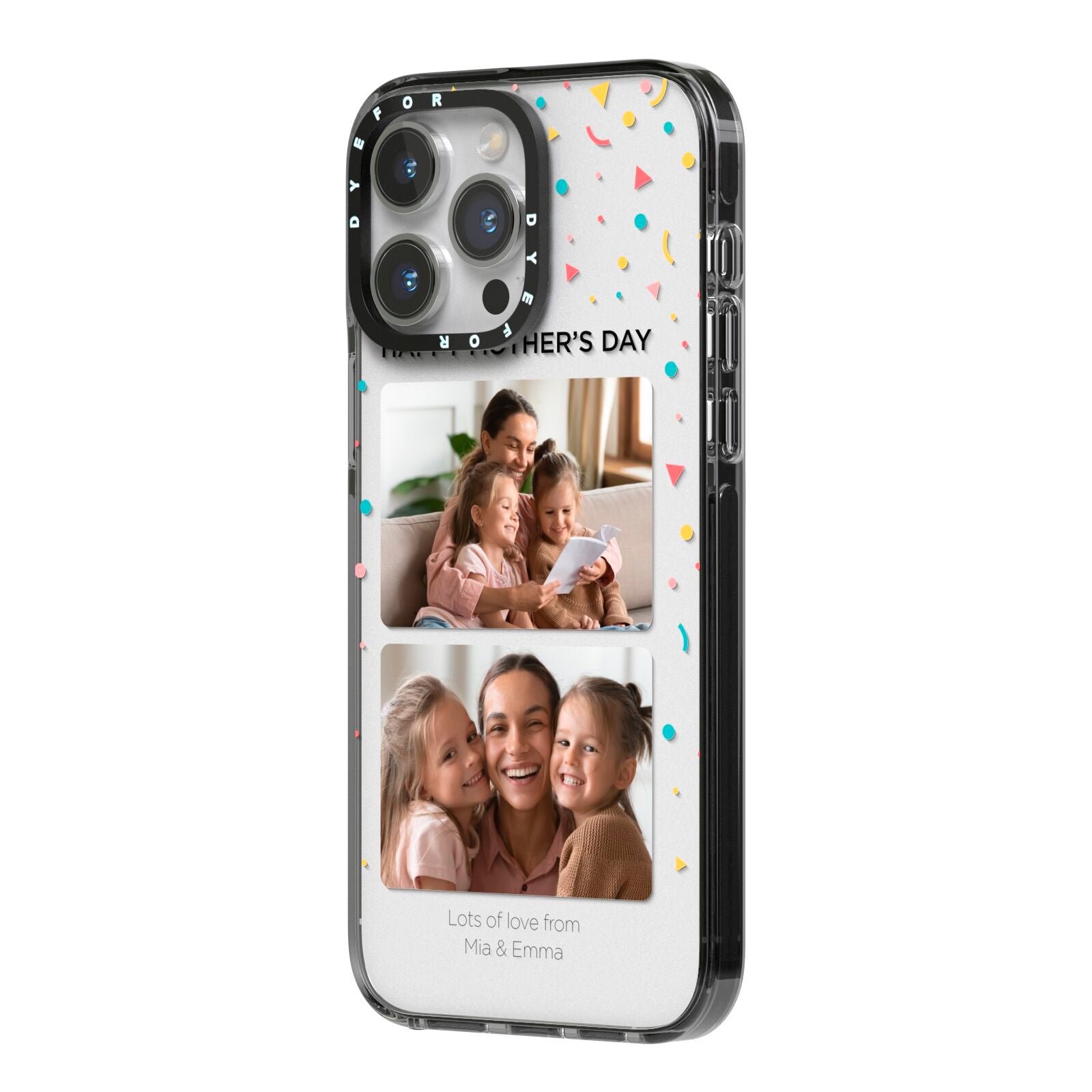 Mothers Day Confetti Photos with Names iPhone 14 Pro Max Black Impact Case Side Angle on Silver phone