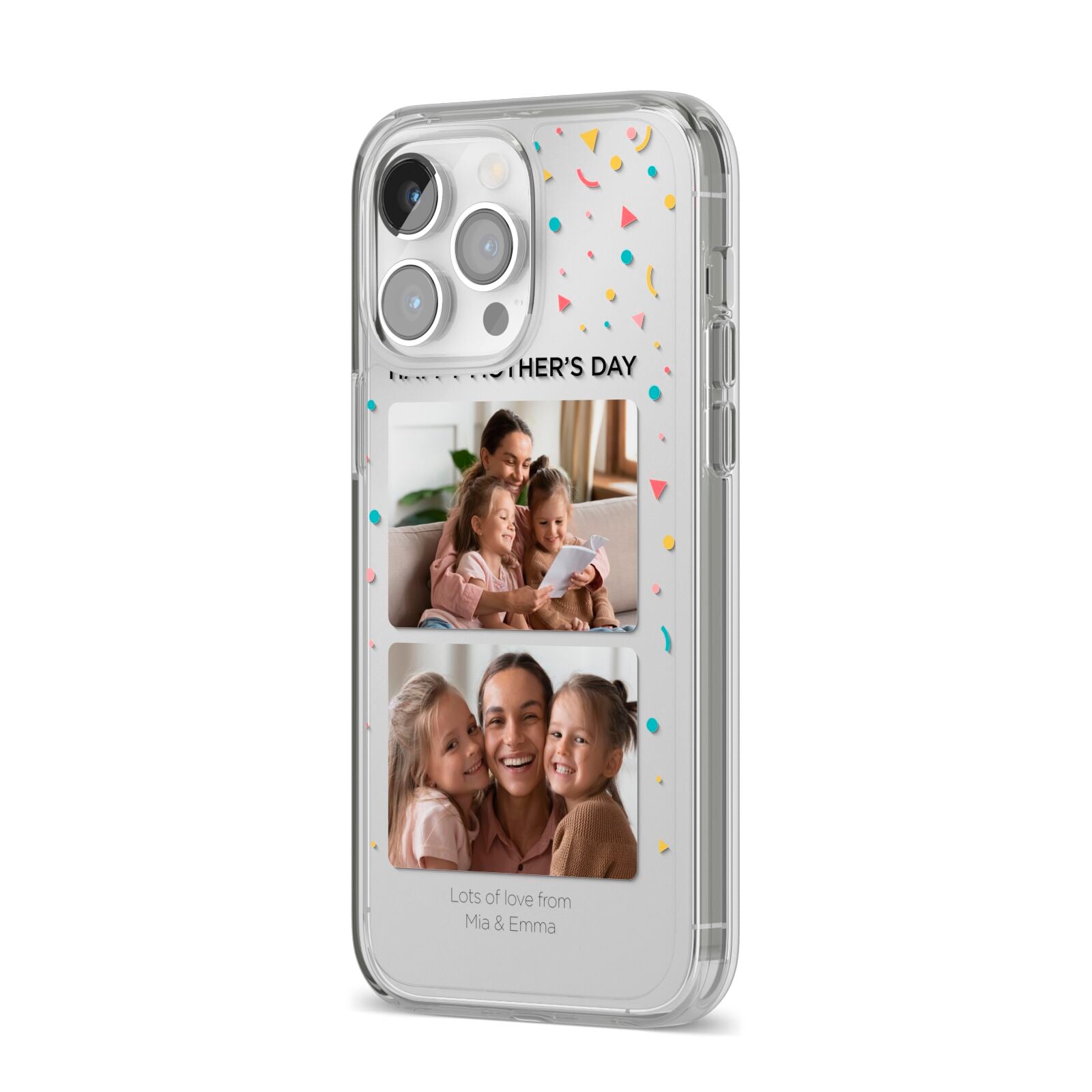 Mothers Day Confetti Photos with Names iPhone 14 Pro Max Clear Tough Case Silver Angled Image