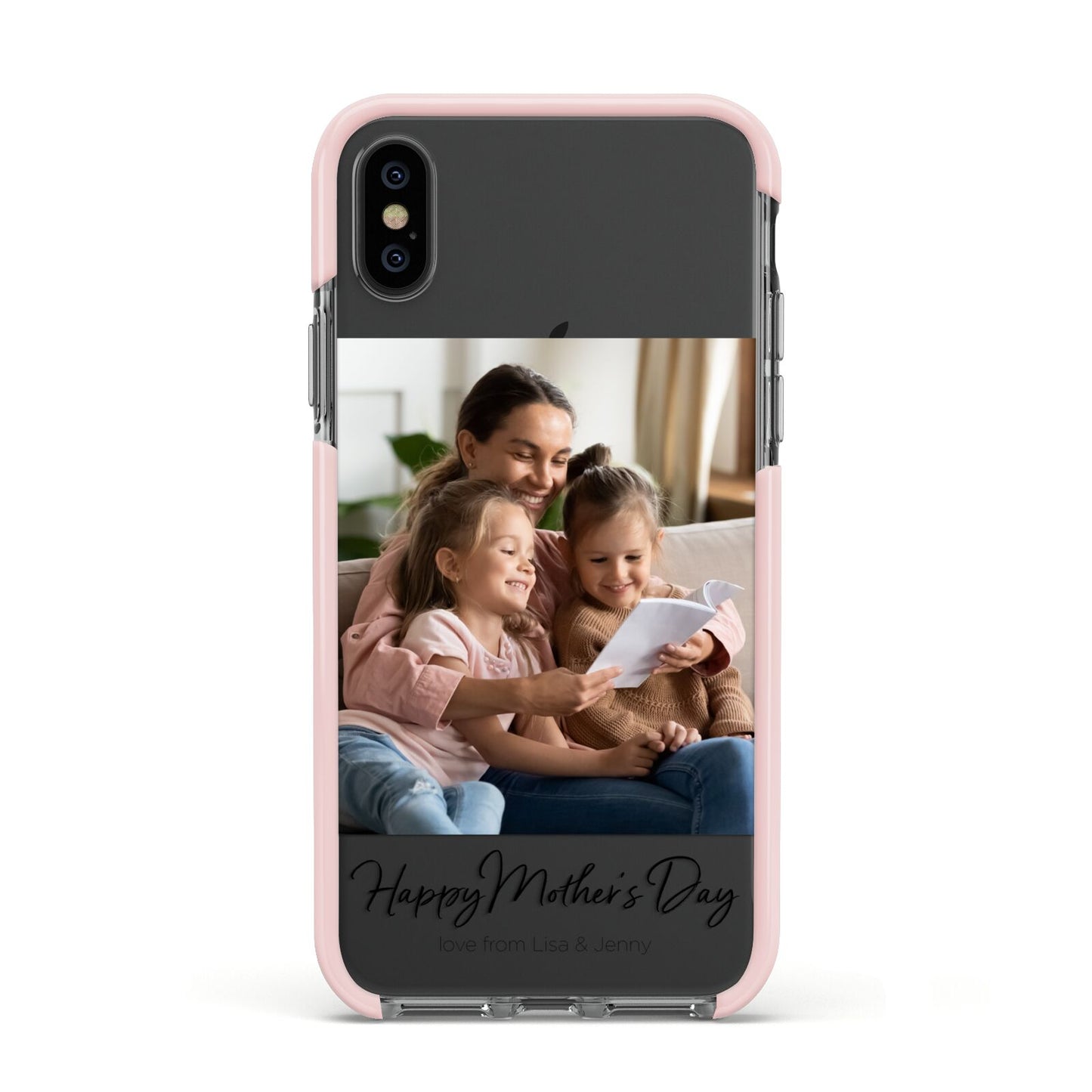 Mothers Day Family Photo Apple iPhone Xs Impact Case Pink Edge on Black Phone