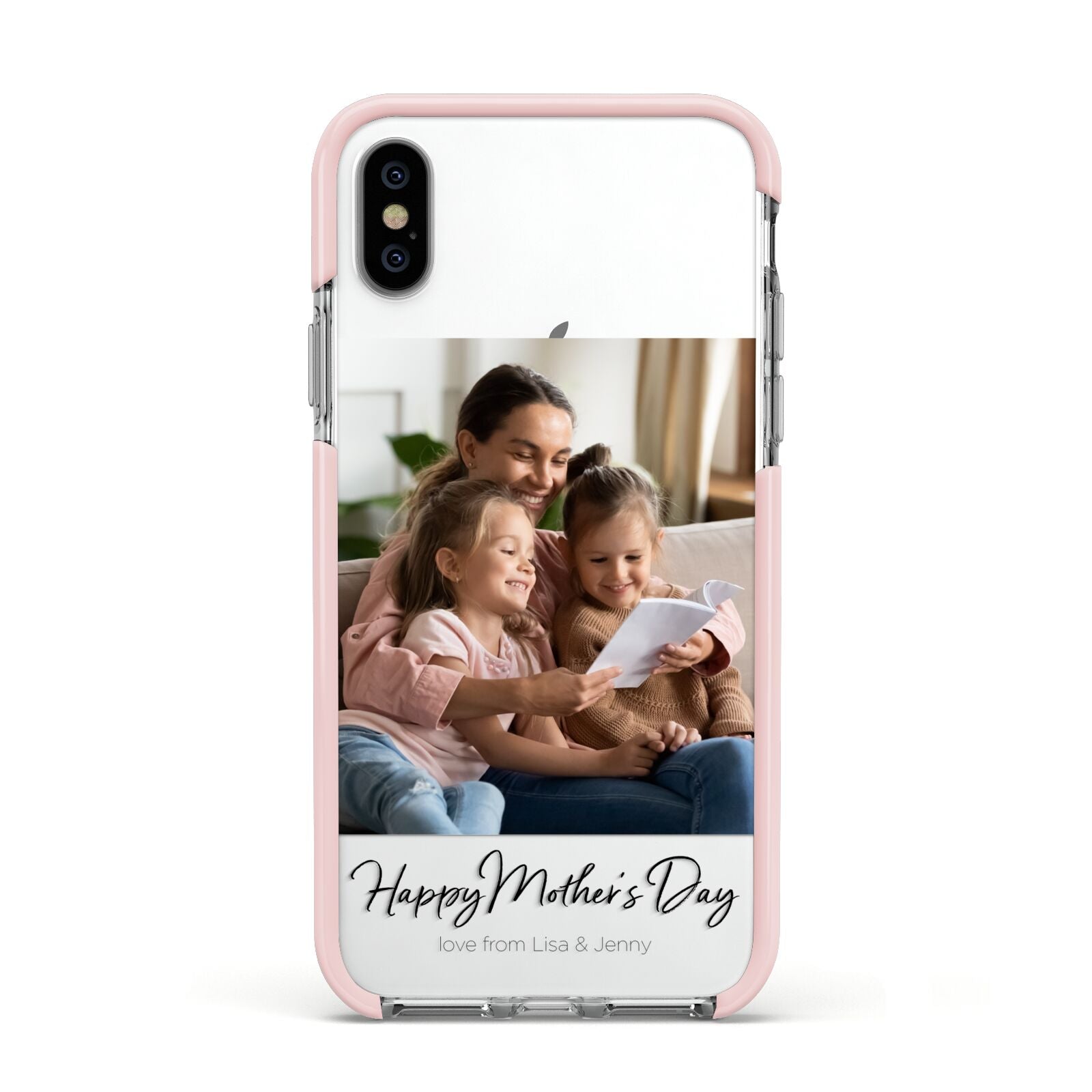 Mothers Day Family Photo Apple iPhone Xs Impact Case Pink Edge on Silver Phone