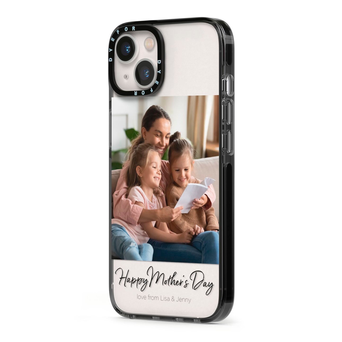 Mothers Day Family Photo iPhone 13 Black Impact Case Side Angle on Silver phone