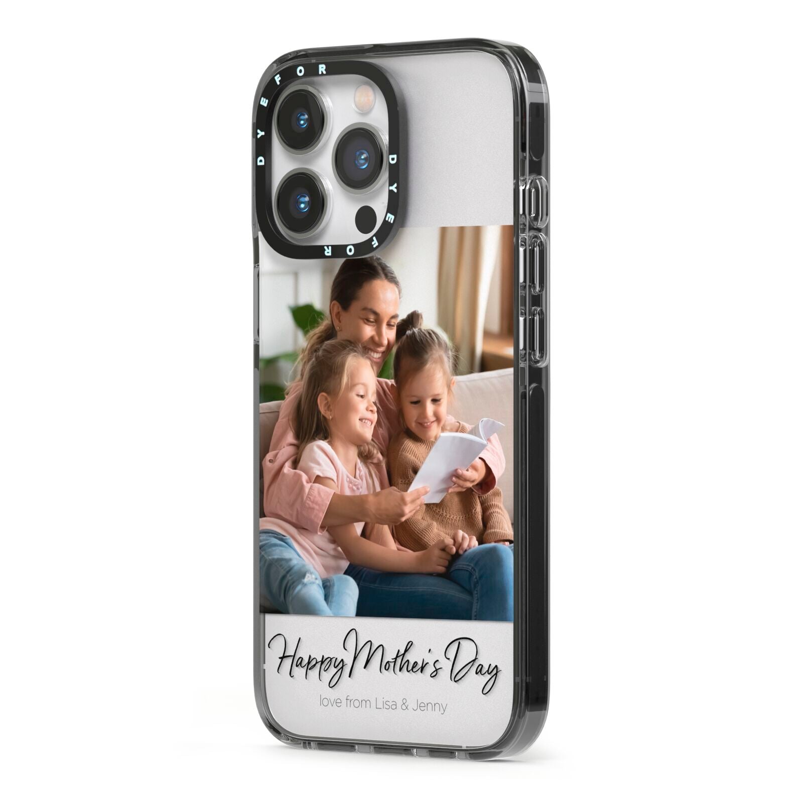 Mothers Day Family Photo iPhone 13 Pro Black Impact Case Side Angle on Silver phone