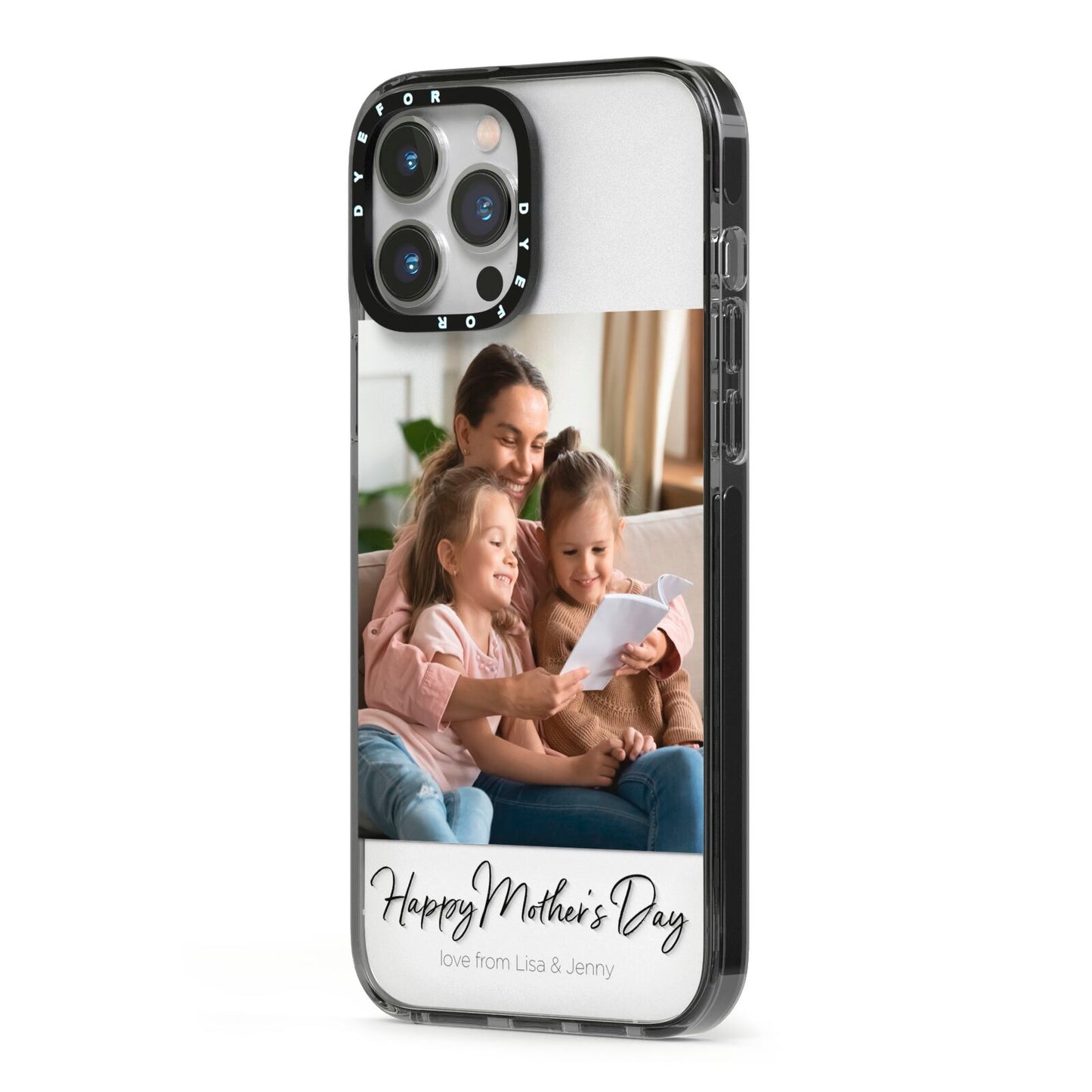 Mothers Day Family Photo iPhone 13 Pro Max Black Impact Case Side Angle on Silver phone