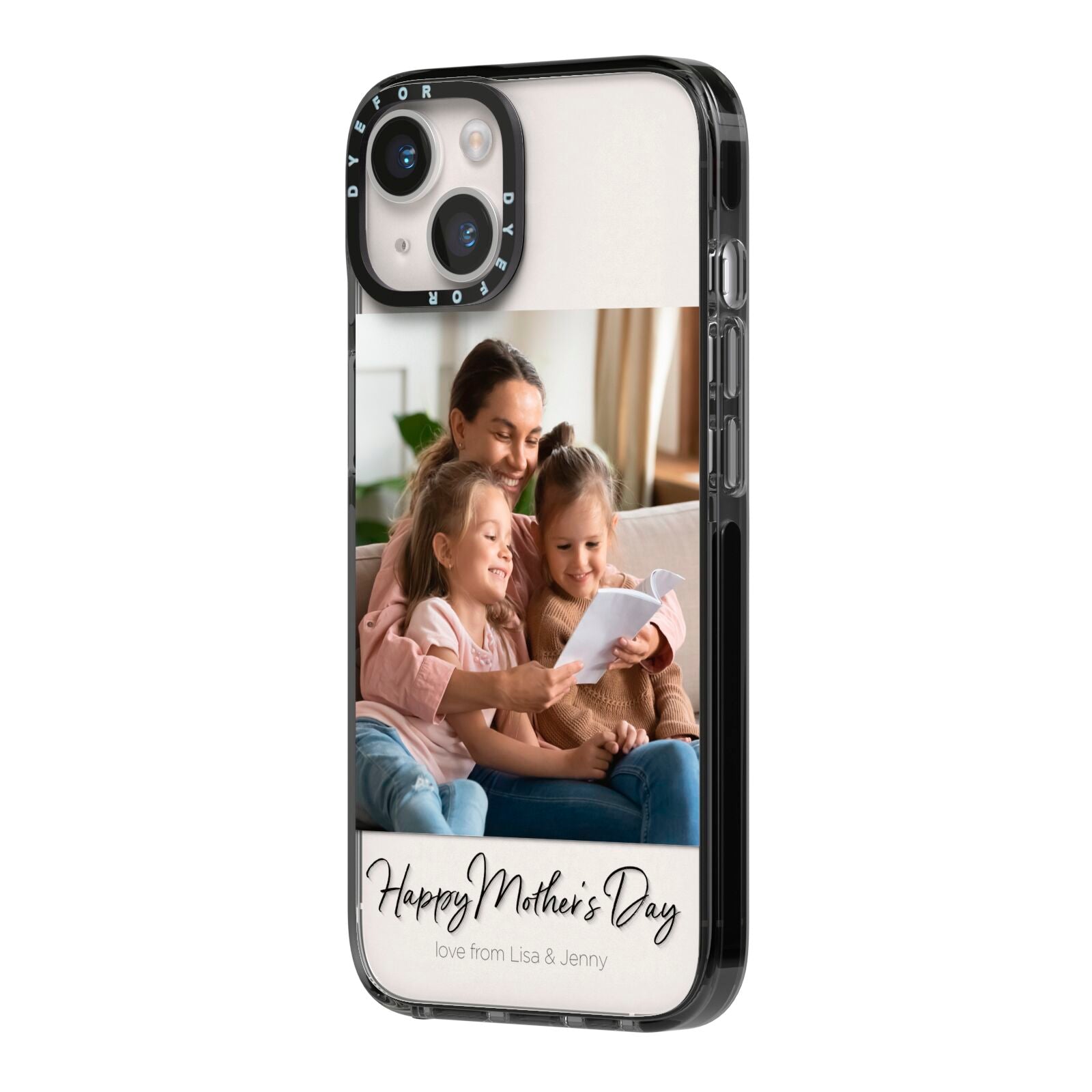 Mothers Day Family Photo iPhone 14 Black Impact Case Side Angle on Silver phone