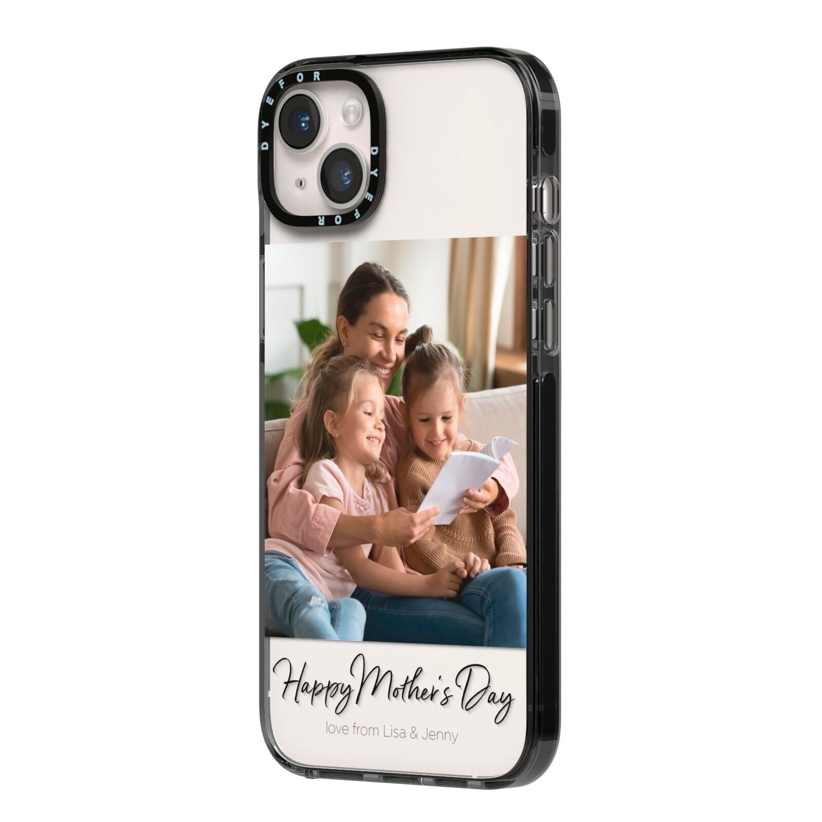 Mothers Day Family Photo iPhone 14 Plus Black Impact Case Side Angle on Silver phone