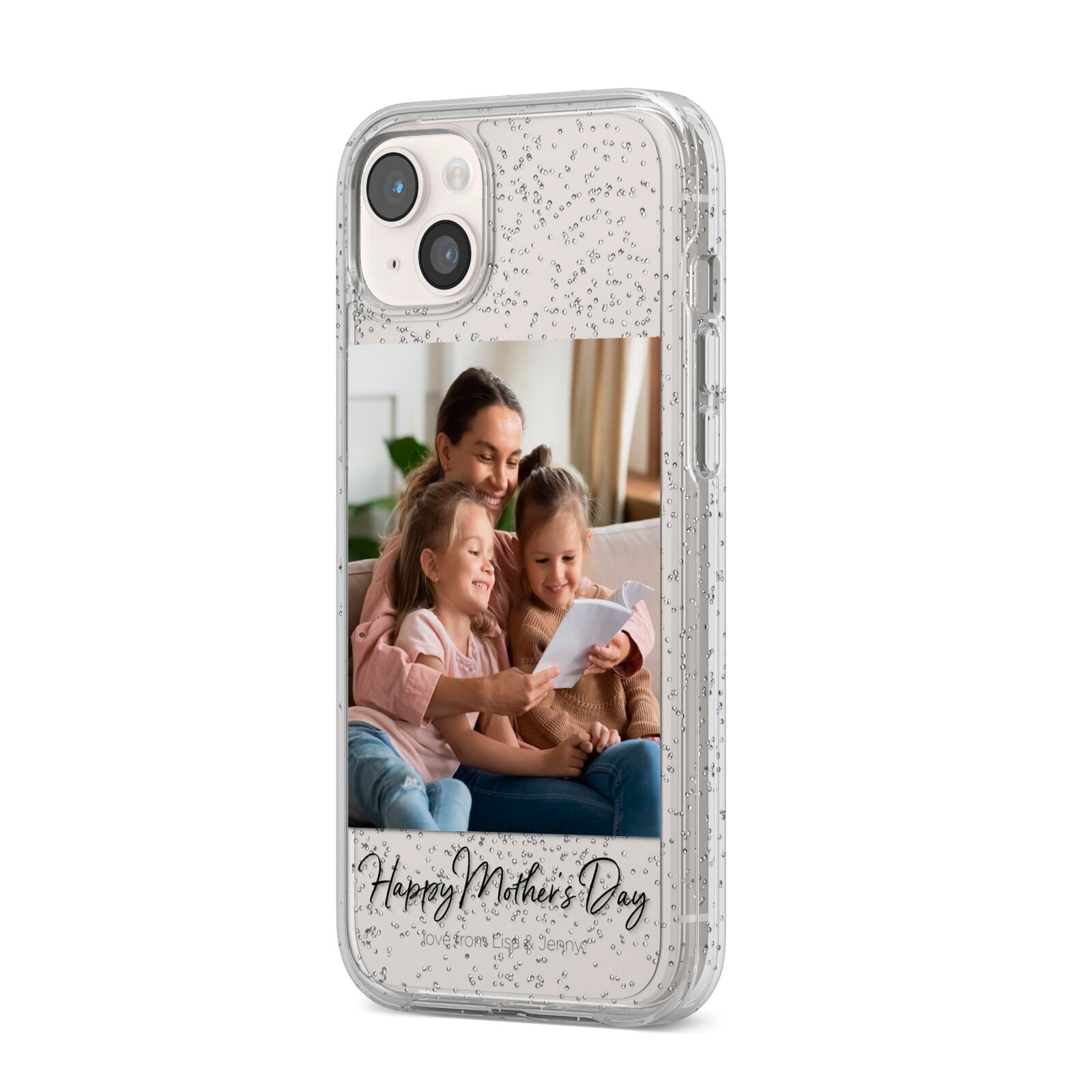 Mothers Day Family Photo iPhone 14 Plus Glitter Tough Case Starlight Angled Image