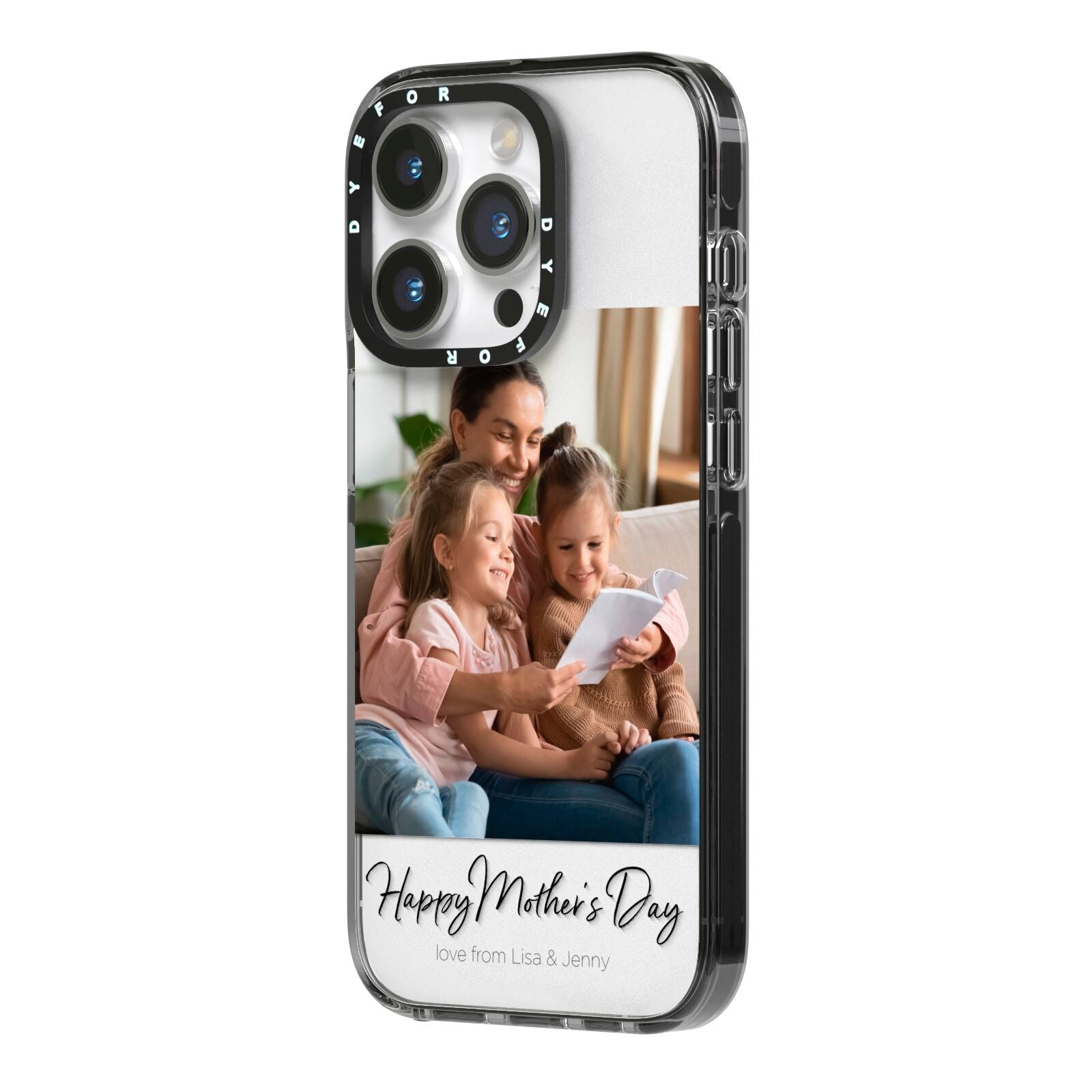 Mothers Day Family Photo iPhone 14 Pro Black Impact Case Side Angle on Silver phone