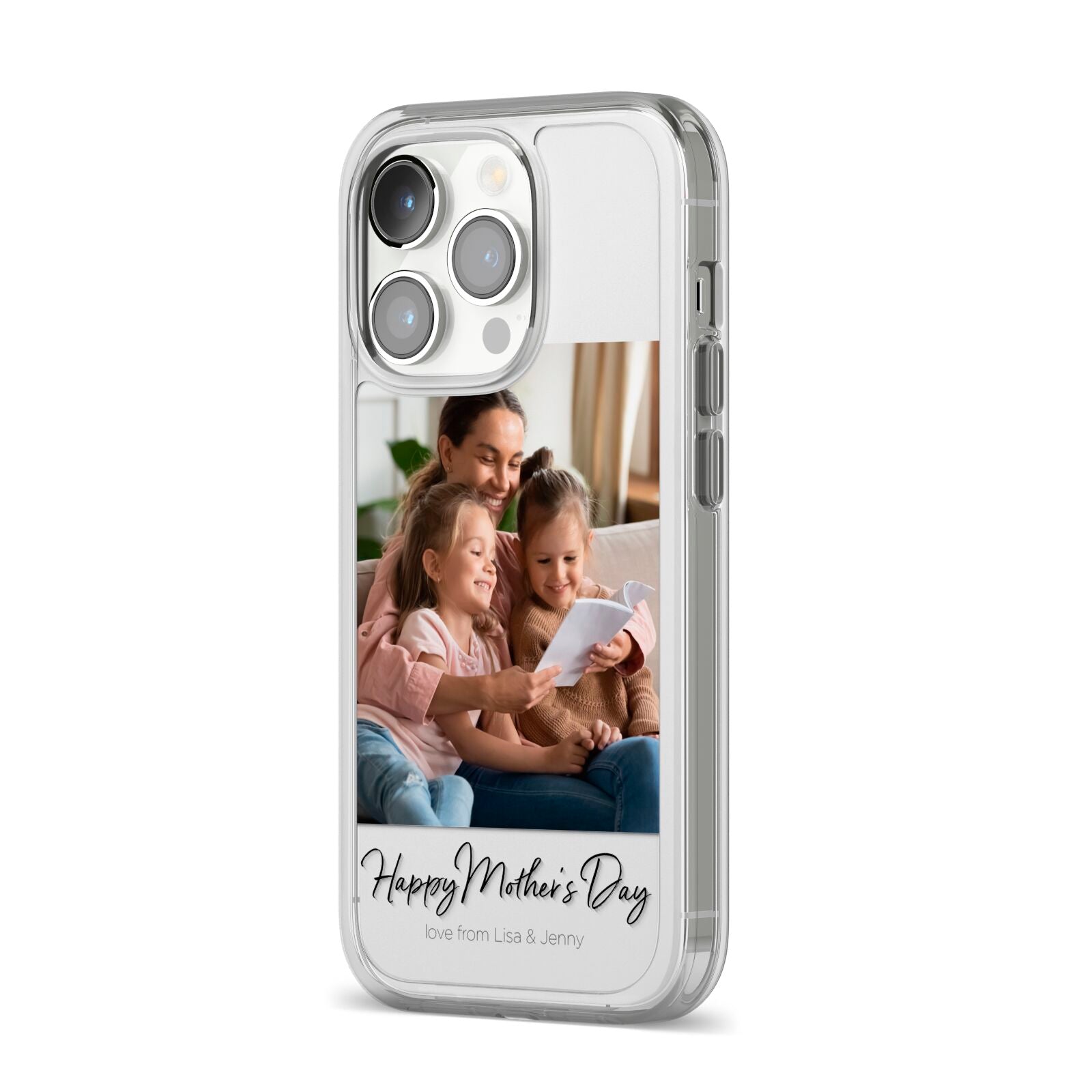 Mothers Day Family Photo iPhone 14 Pro Clear Tough Case Silver Angled Image