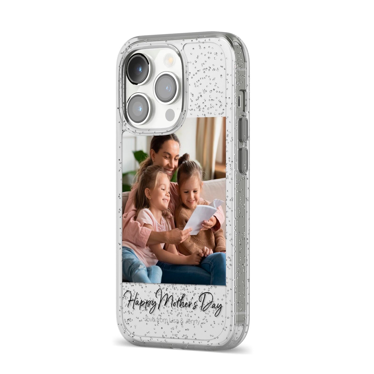 Mothers Day Family Photo iPhone 14 Pro Glitter Tough Case Silver Angled Image