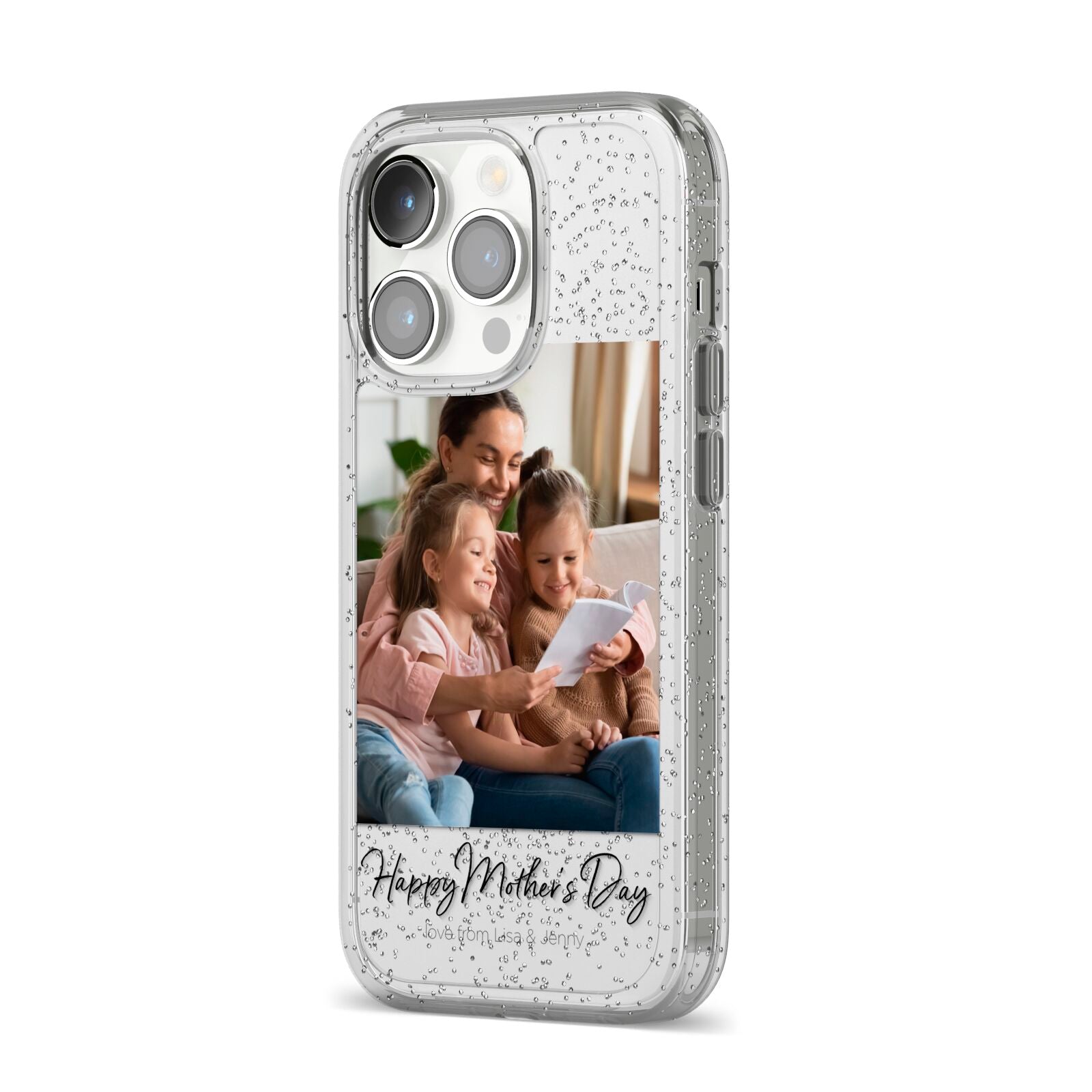 Mothers Day Family Photo iPhone 14 Pro Glitter Tough Case Silver Angled Image