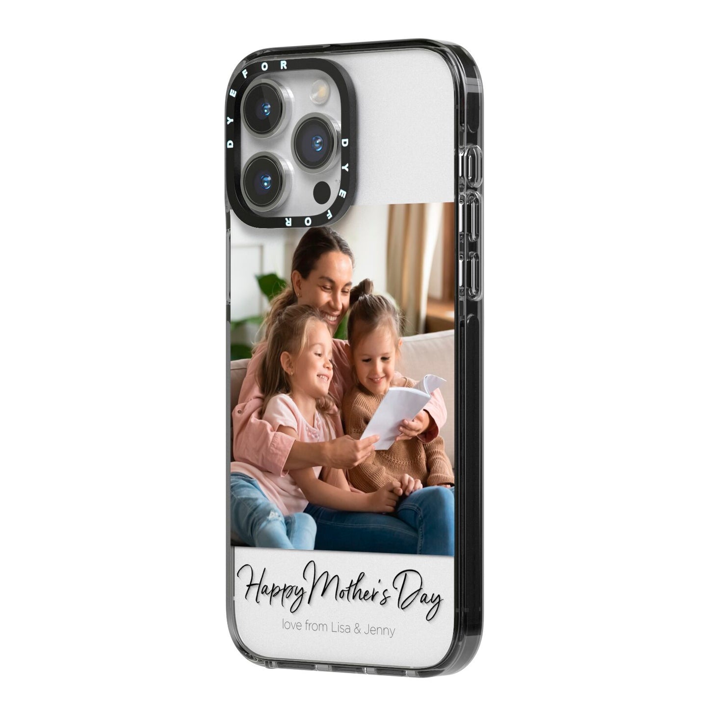 Mothers Day Family Photo iPhone 14 Pro Max Black Impact Case Side Angle on Silver phone