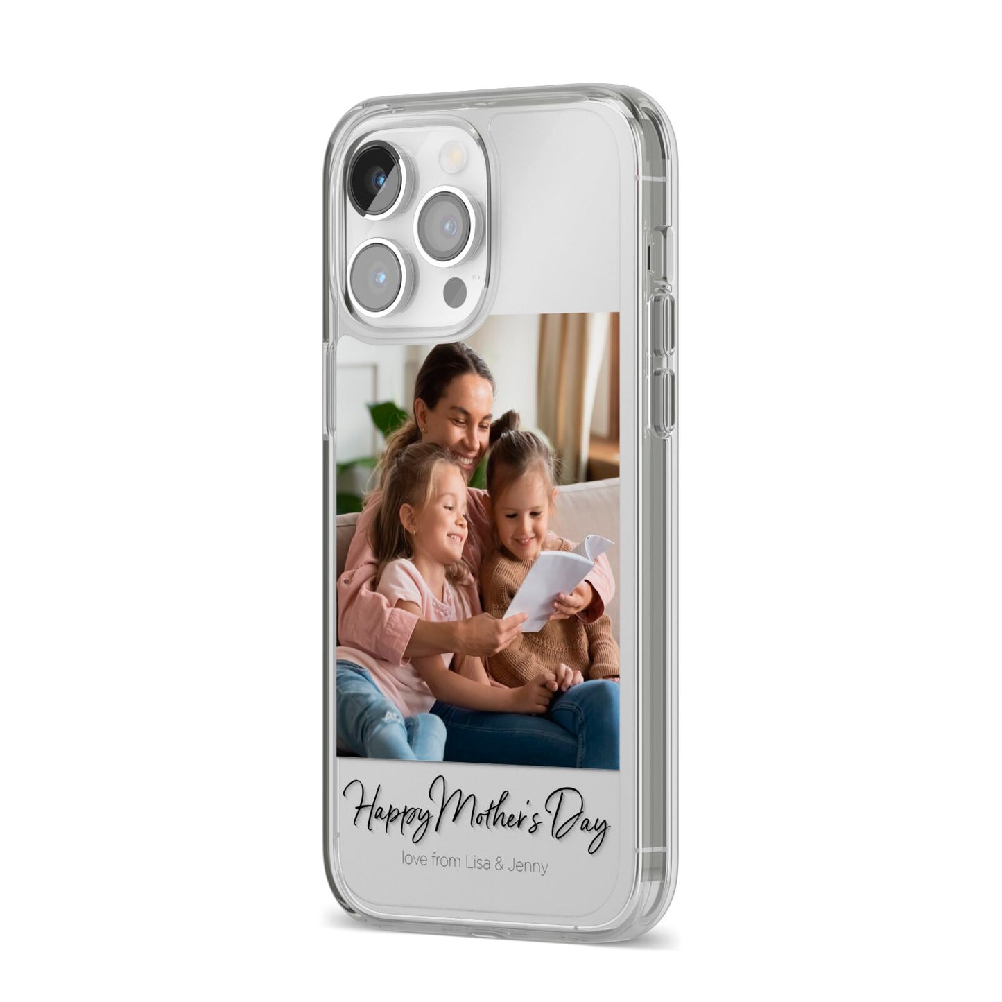 Mothers Day Family Photo iPhone 14 Pro Max Clear Tough Case Silver Angled Image