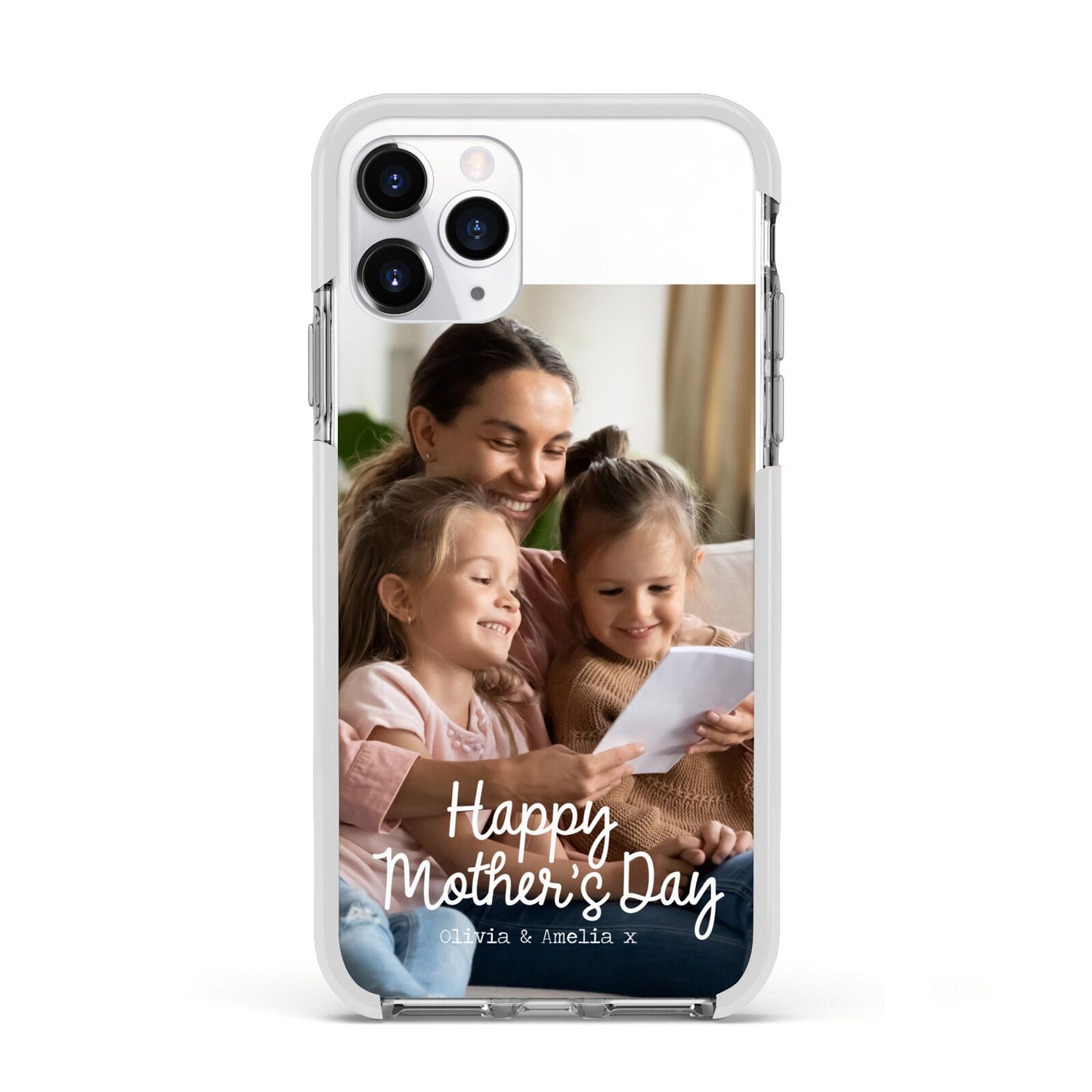 Mothers Day Family Photo with Names Apple iPhone 11 Pro in Silver with White Impact Case