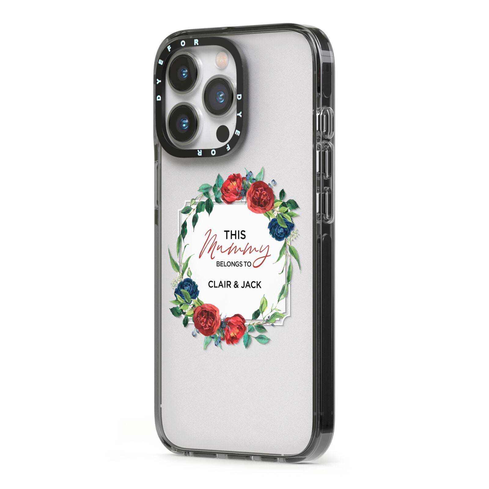 Mothers Day Flower Plaque iPhone 13 Pro Black Impact Case Side Angle on Silver phone