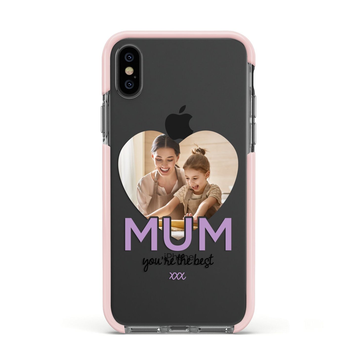 Mothers Day Heart Photo Apple iPhone Xs Impact Case Pink Edge on Black Phone