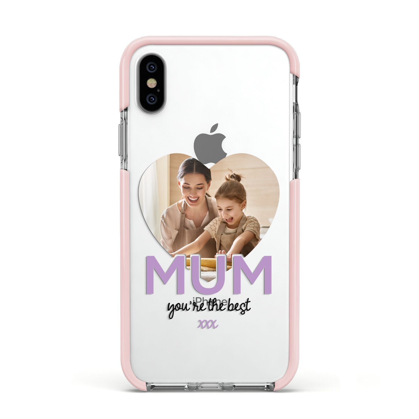 Mothers Day Heart Photo Apple iPhone Xs Impact Case Pink Edge on Silver Phone