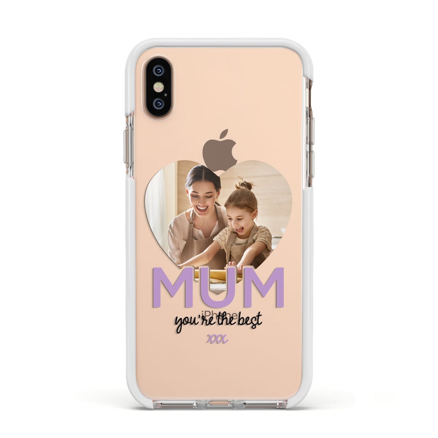 Mothers Day Heart Photo Apple iPhone Xs Impact Case White Edge on Gold Phone