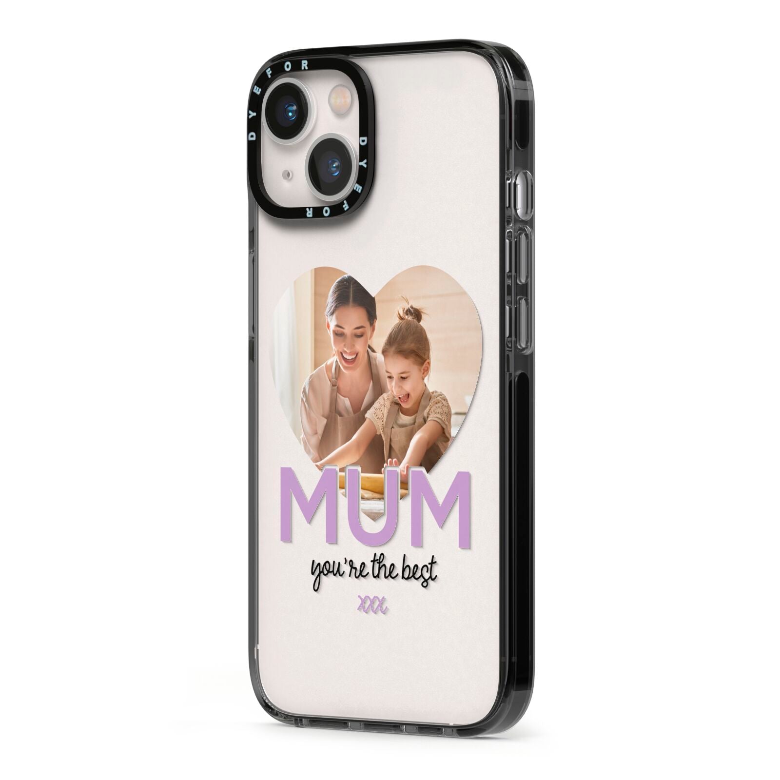 Mothers Day Heart Photo iPhone 13 Black Impact Case Side Angle on Silver phone