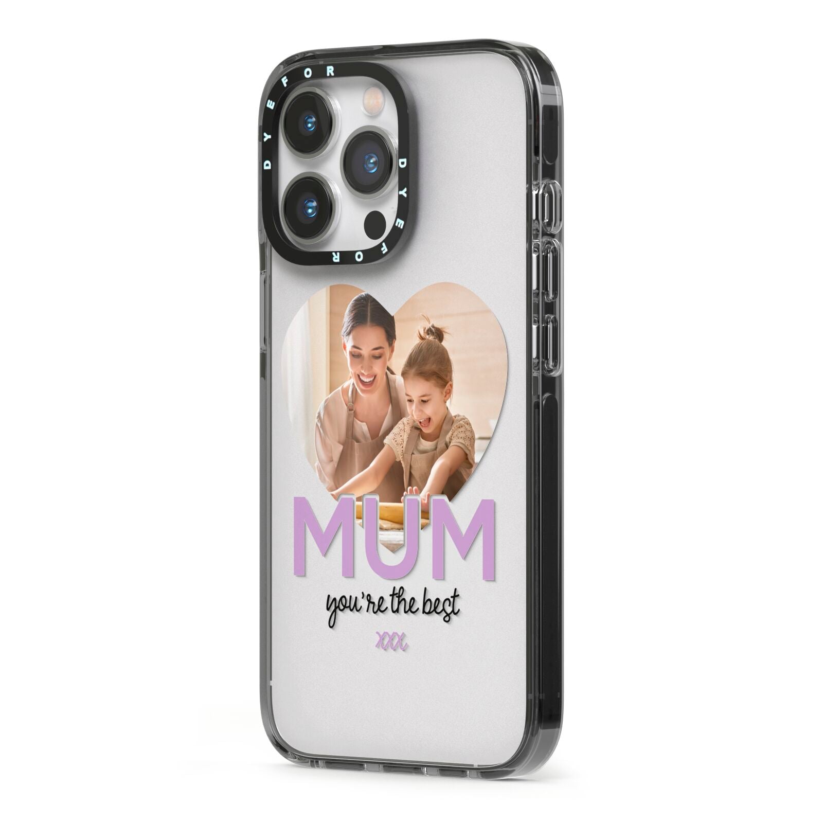 Mothers Day Heart Photo iPhone 13 Pro Black Impact Case Side Angle on Silver phone