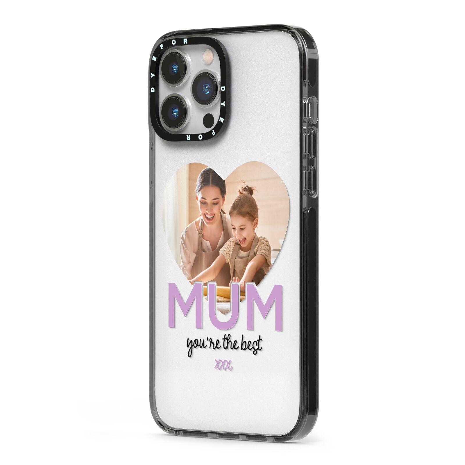 Mothers Day Heart Photo iPhone 13 Pro Max Black Impact Case Side Angle on Silver phone