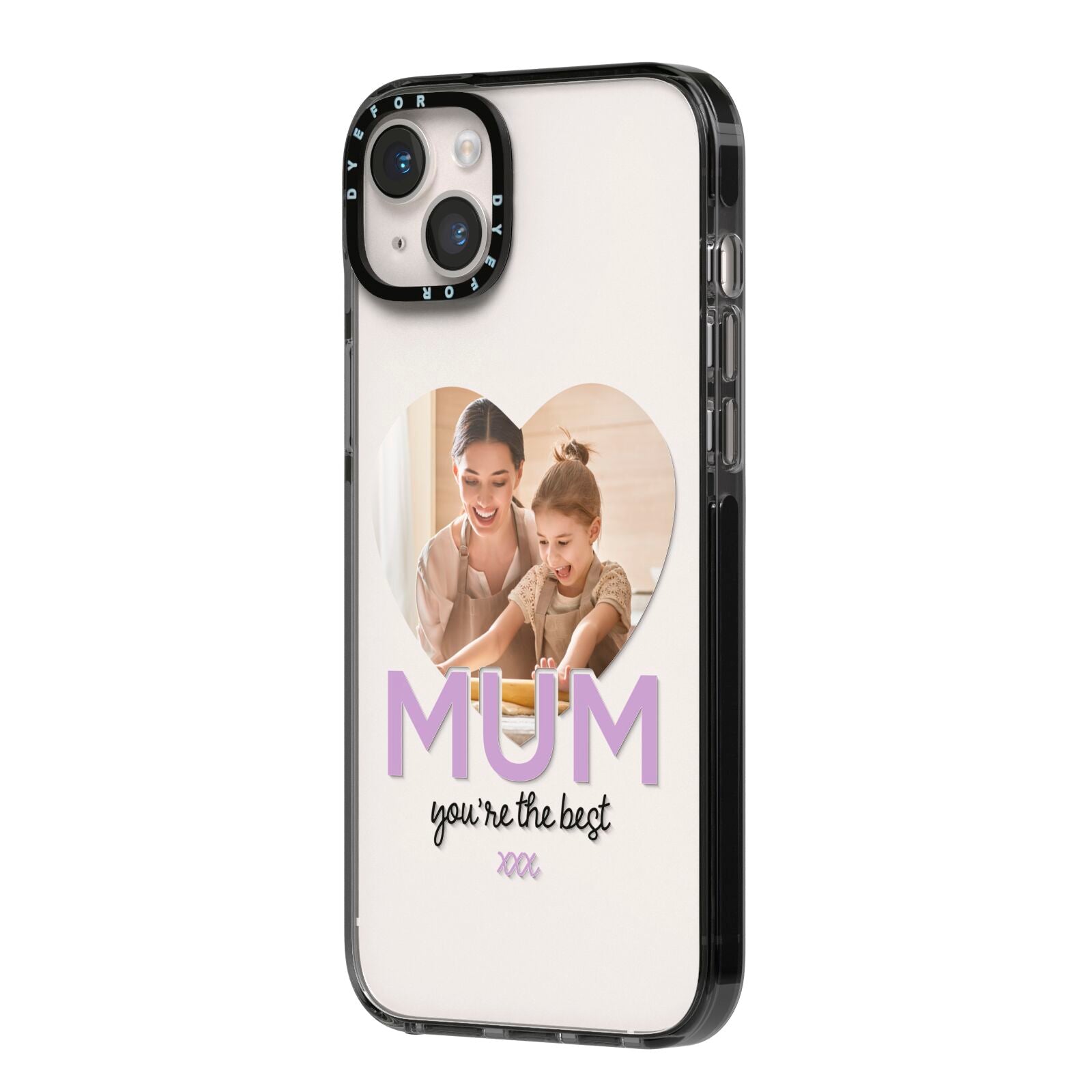 Mothers Day Heart Photo iPhone 14 Plus Black Impact Case Side Angle on Silver phone