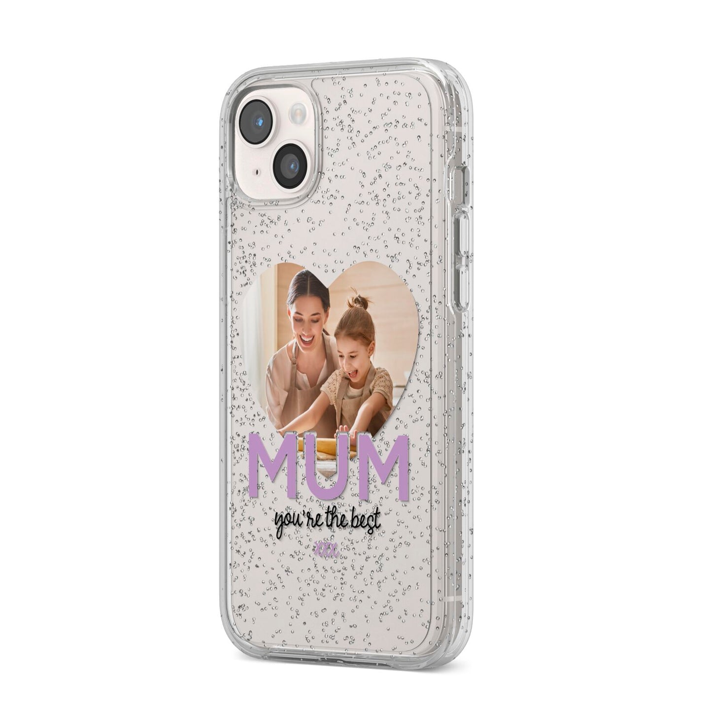 Mothers Day Heart Photo iPhone 14 Plus Glitter Tough Case Starlight Angled Image