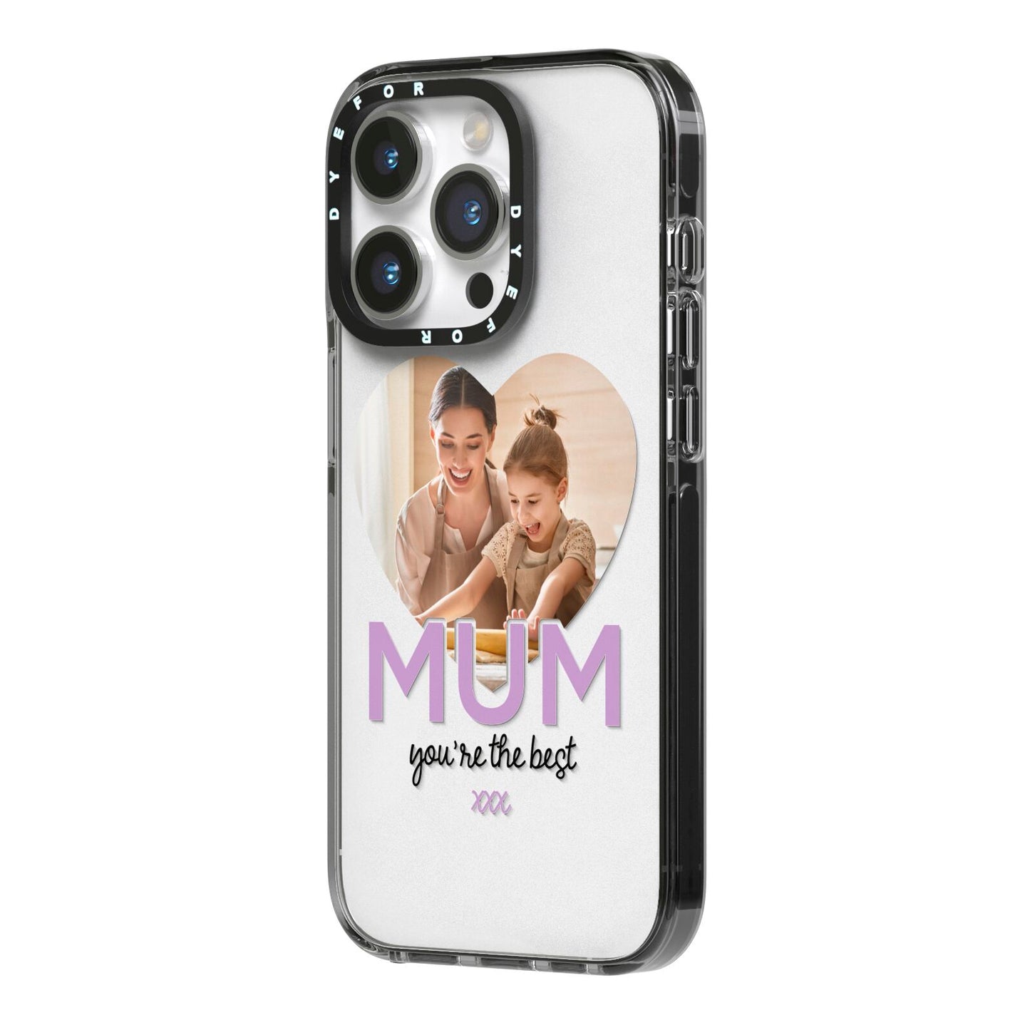 Mothers Day Heart Photo iPhone 14 Pro Black Impact Case Side Angle on Silver phone