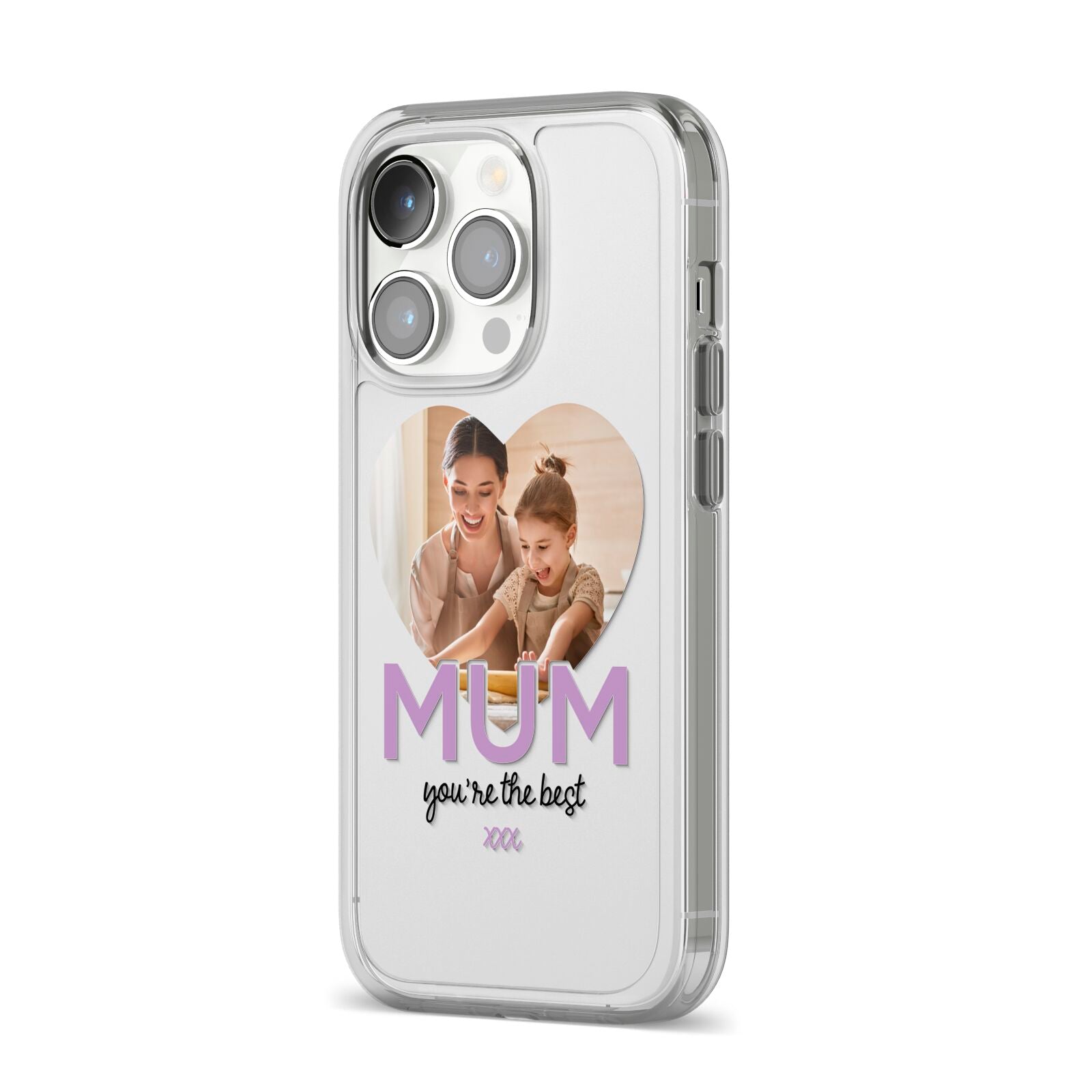 Mothers Day Heart Photo iPhone 14 Pro Clear Tough Case Silver Angled Image