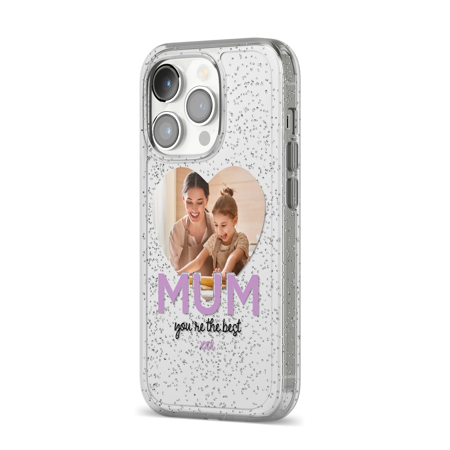 Mothers Day Heart Photo iPhone 14 Pro Glitter Tough Case Silver Angled Image