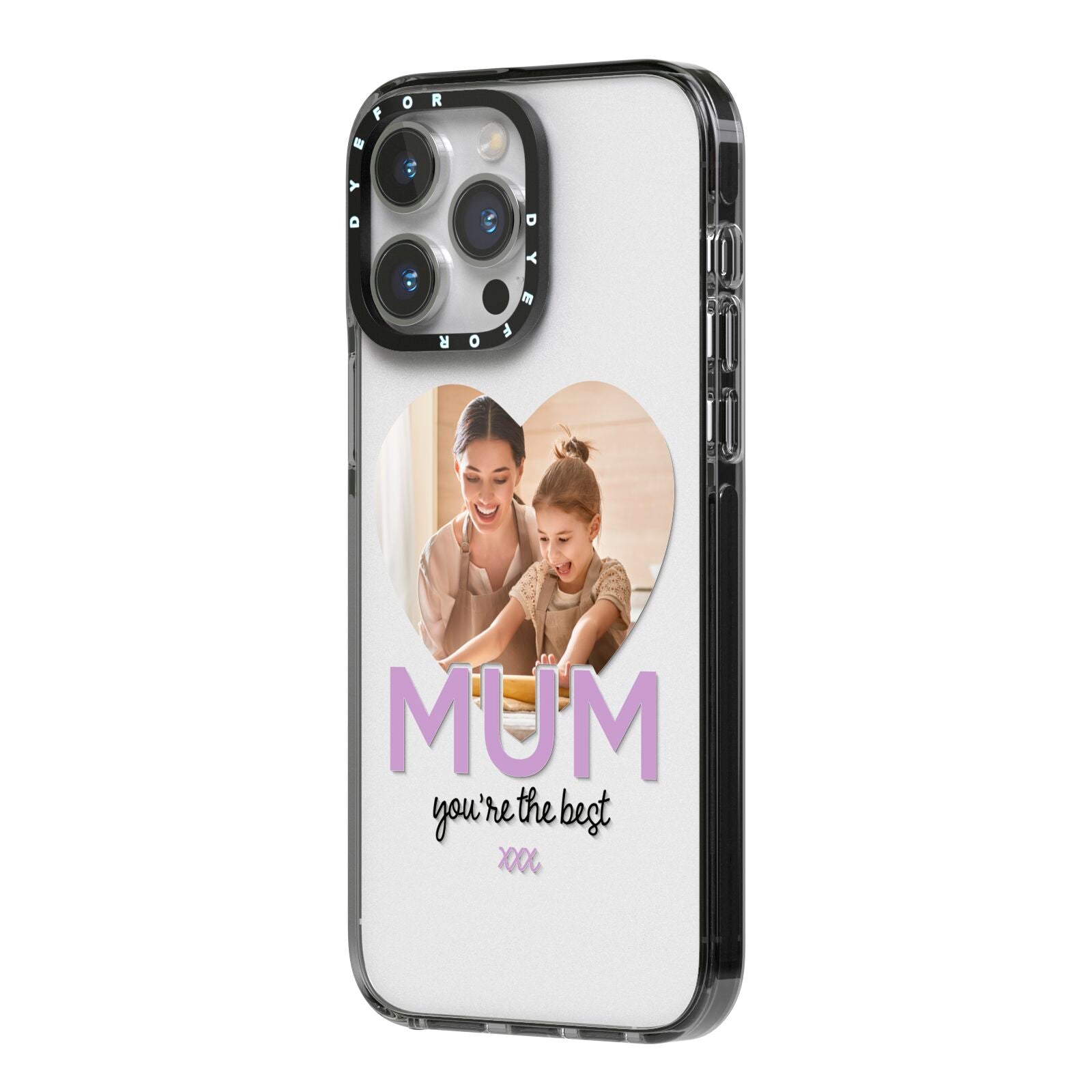 Mothers Day Heart Photo iPhone 14 Pro Max Black Impact Case Side Angle on Silver phone