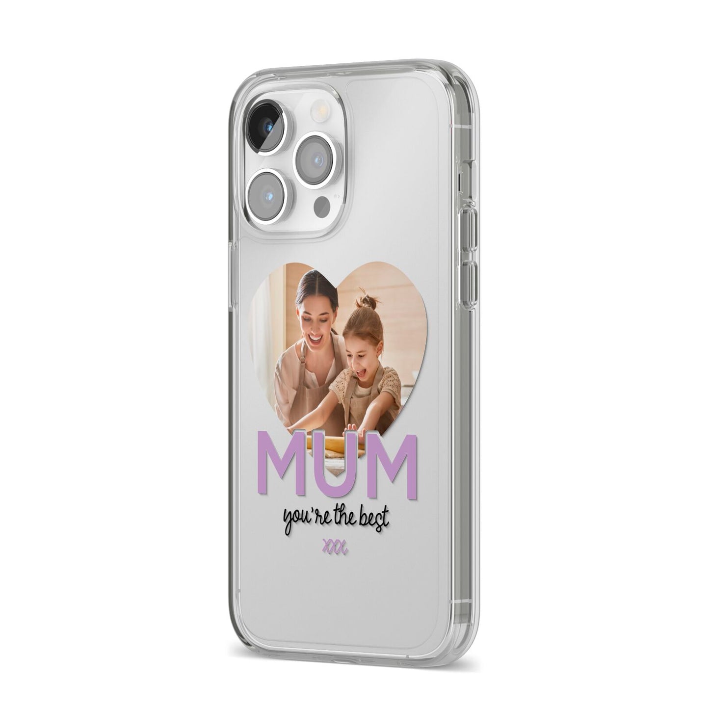 Mothers Day Heart Photo iPhone 14 Pro Max Clear Tough Case Silver Angled Image