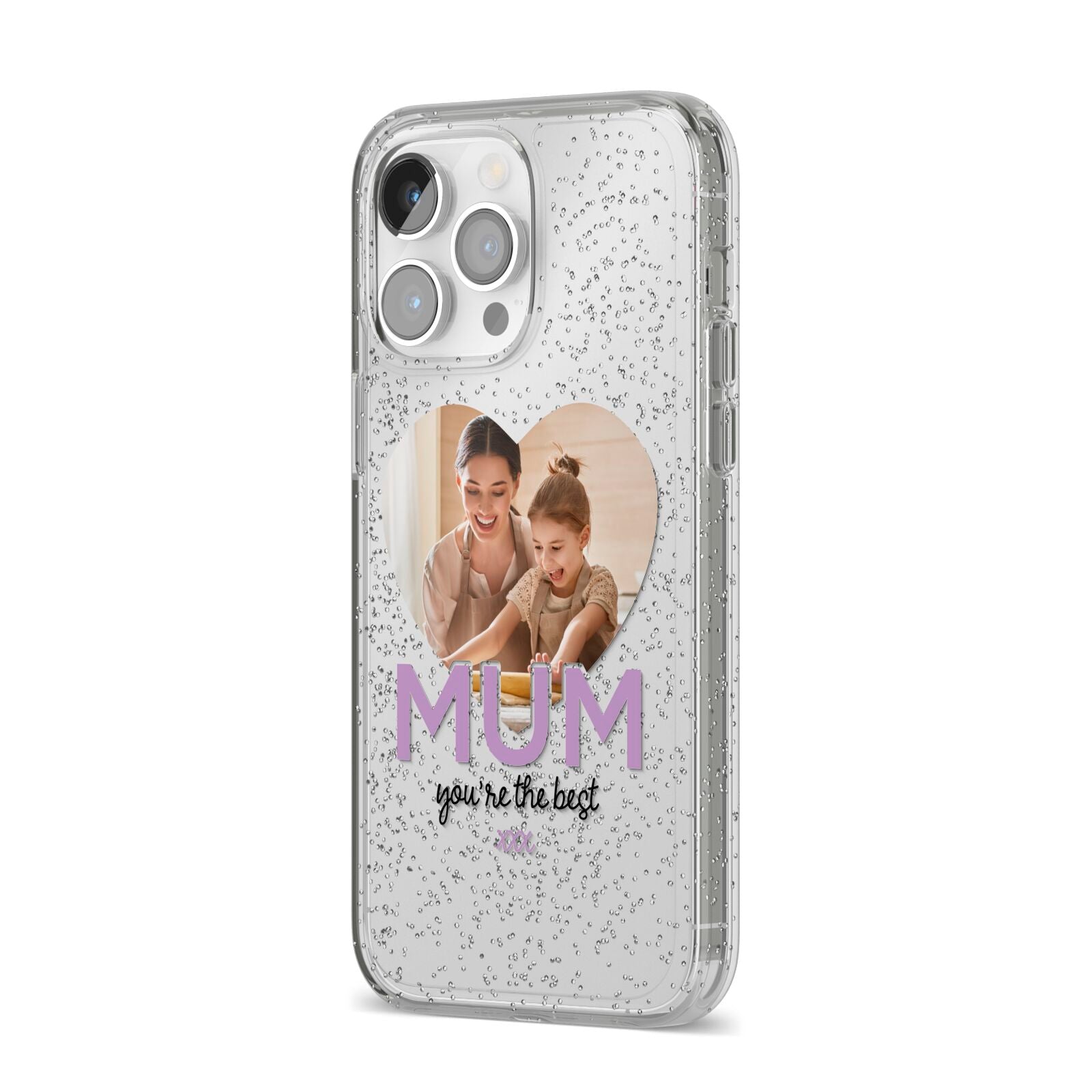 Mothers Day Heart Photo iPhone 14 Pro Max Glitter Tough Case Silver Angled Image