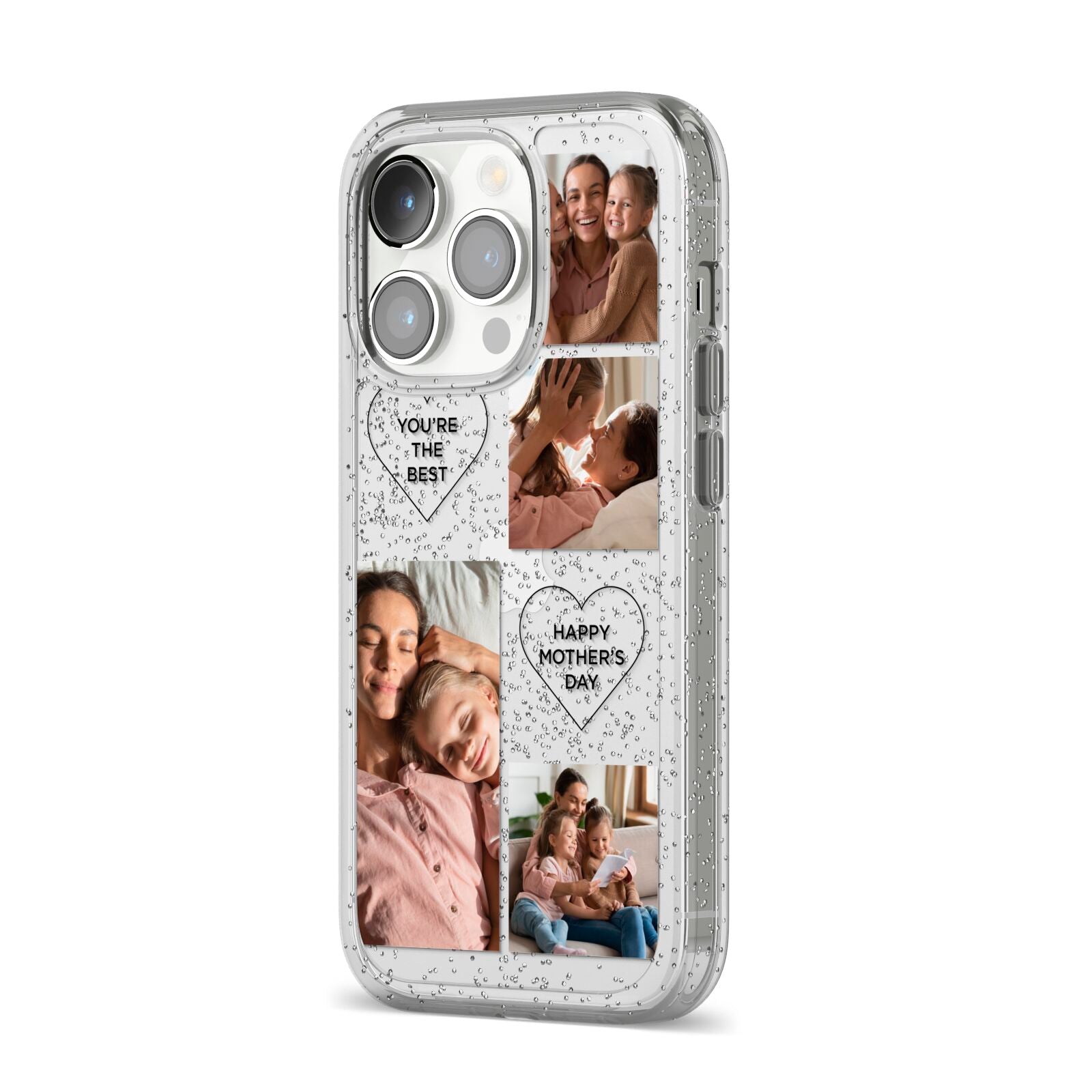 Mothers Day Multi Photo Tiles iPhone 14 Pro Glitter Tough Case Silver Angled Image