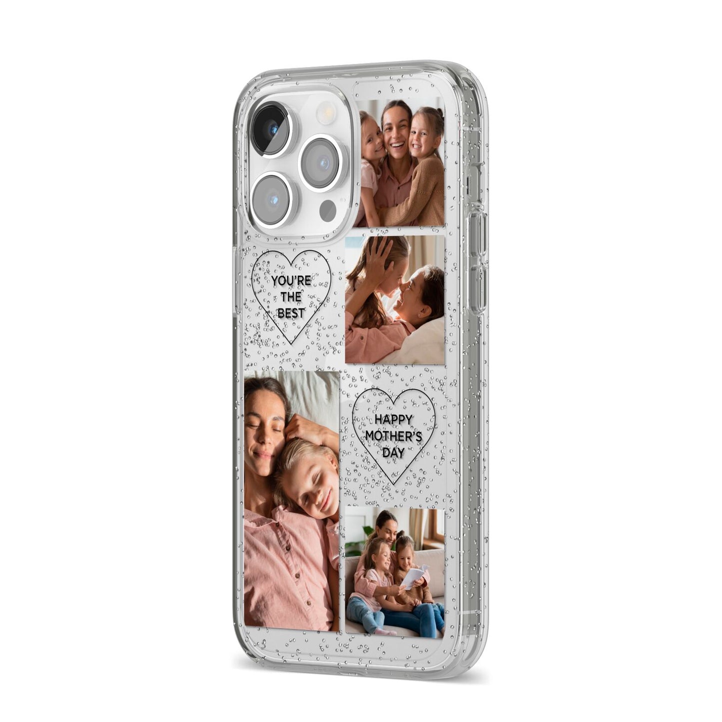 Mothers Day Multi Photo Tiles iPhone 14 Pro Max Glitter Tough Case Silver Angled Image