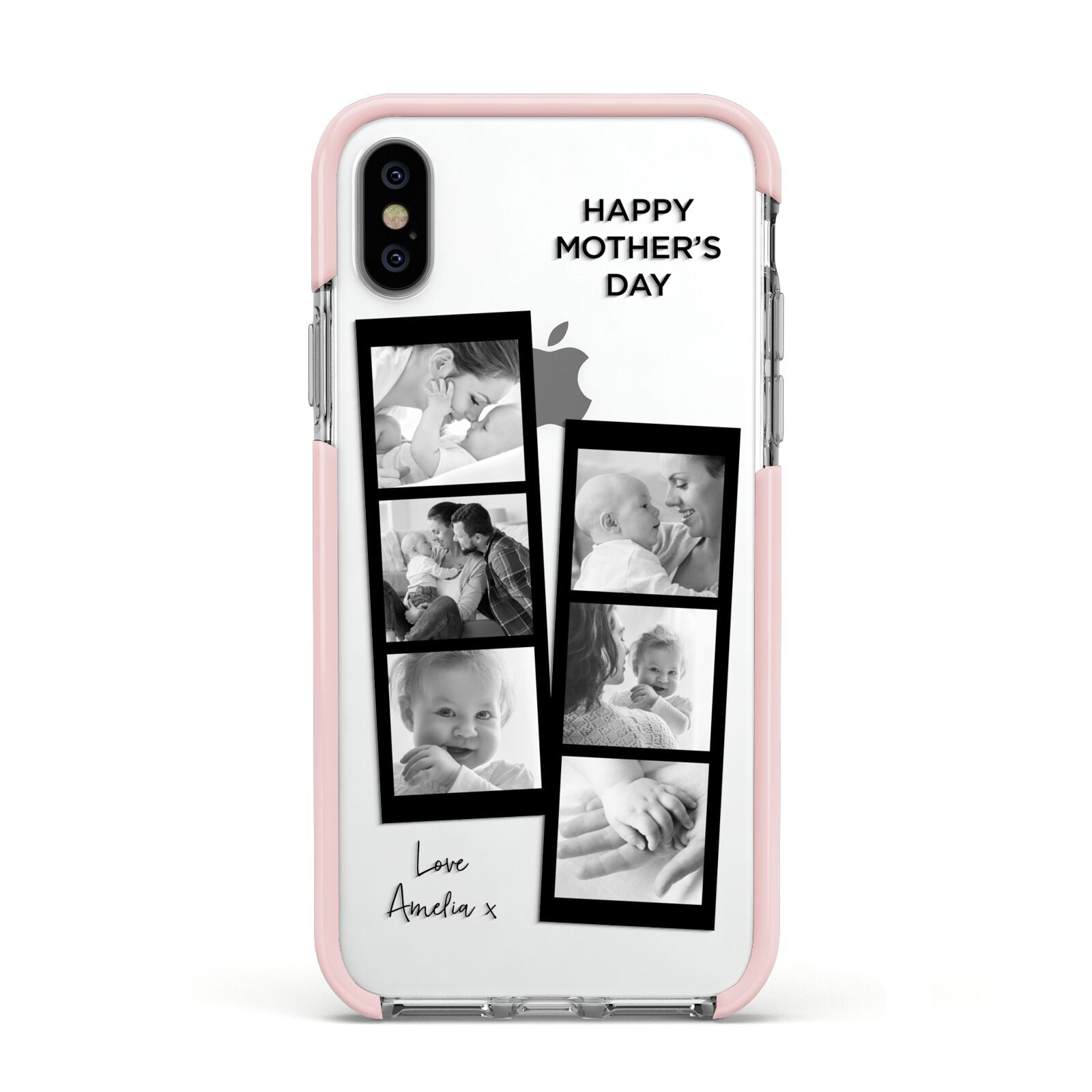 Mothers Day Photo Strip Apple iPhone Xs Impact Case Pink Edge on Silver Phone