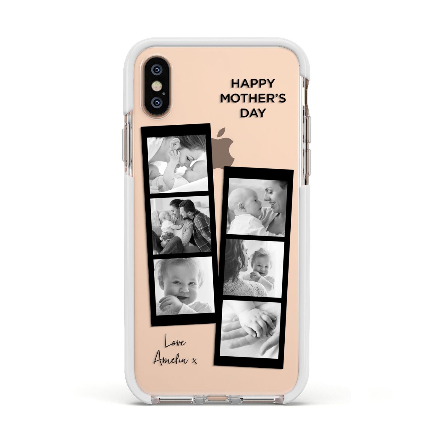Mothers Day Photo Strip Apple iPhone Xs Impact Case White Edge on Gold Phone