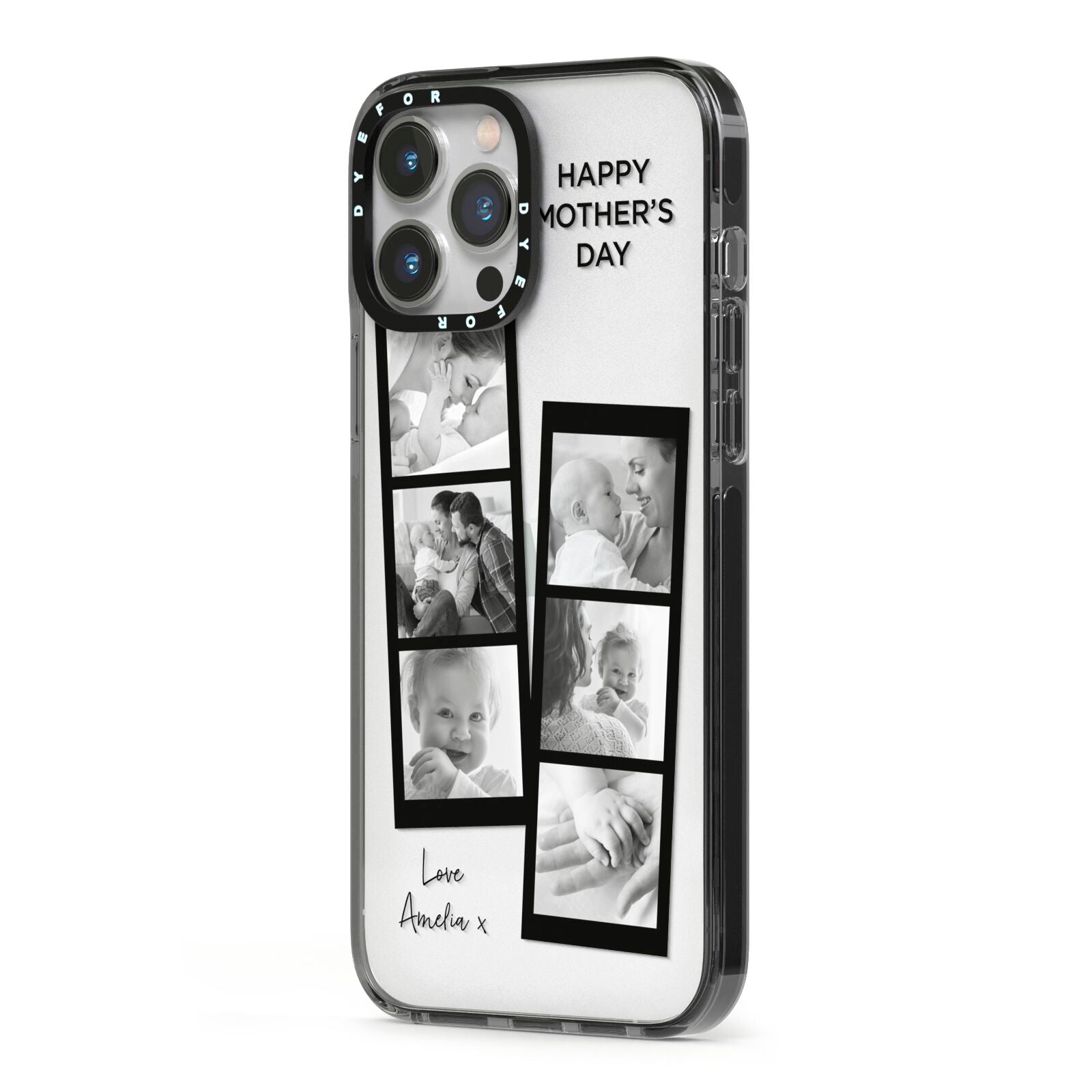 Mothers Day Photo Strip iPhone 13 Pro Max Black Impact Case Side Angle on Silver phone