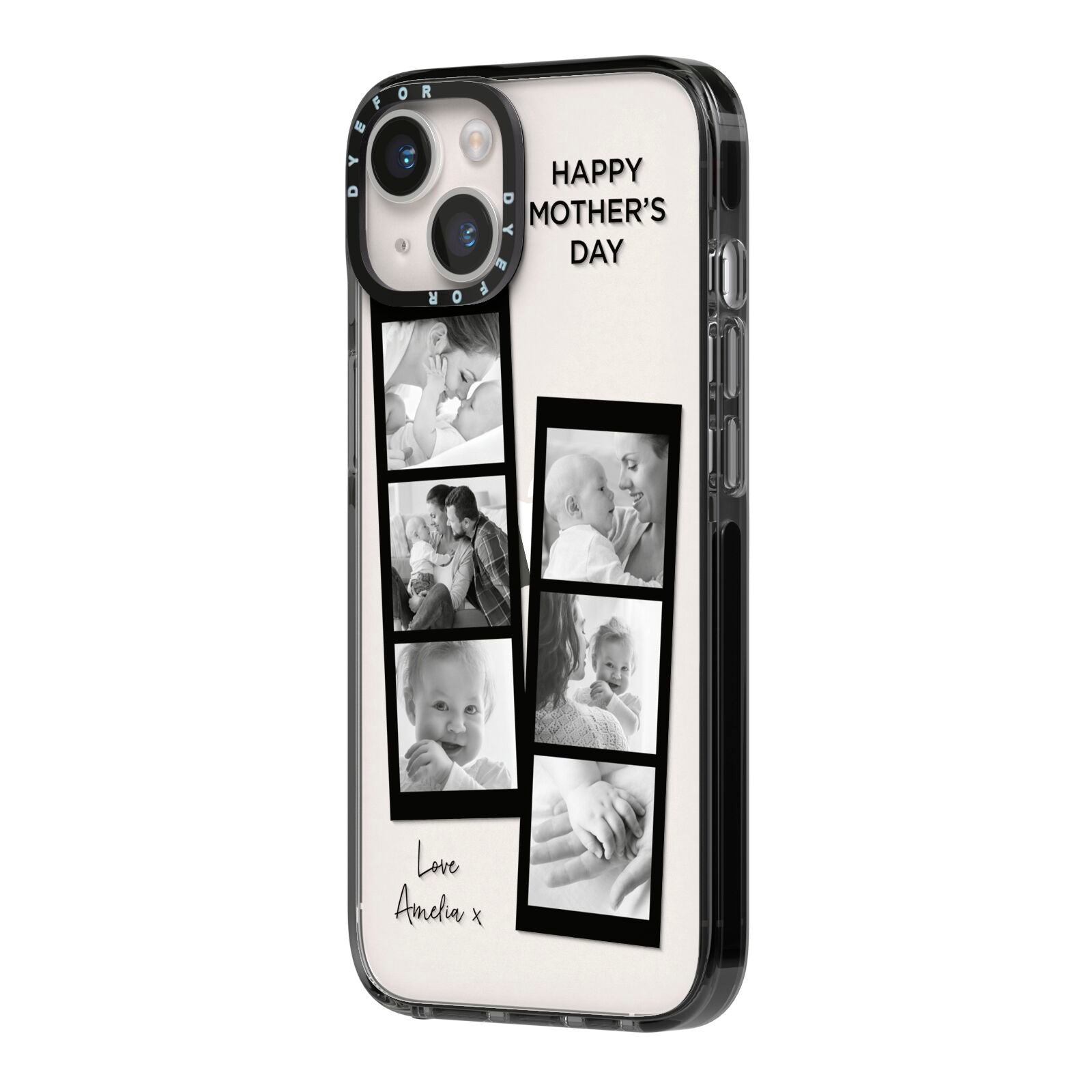 Mothers Day Photo Strip iPhone 14 Black Impact Case Side Angle on Silver phone