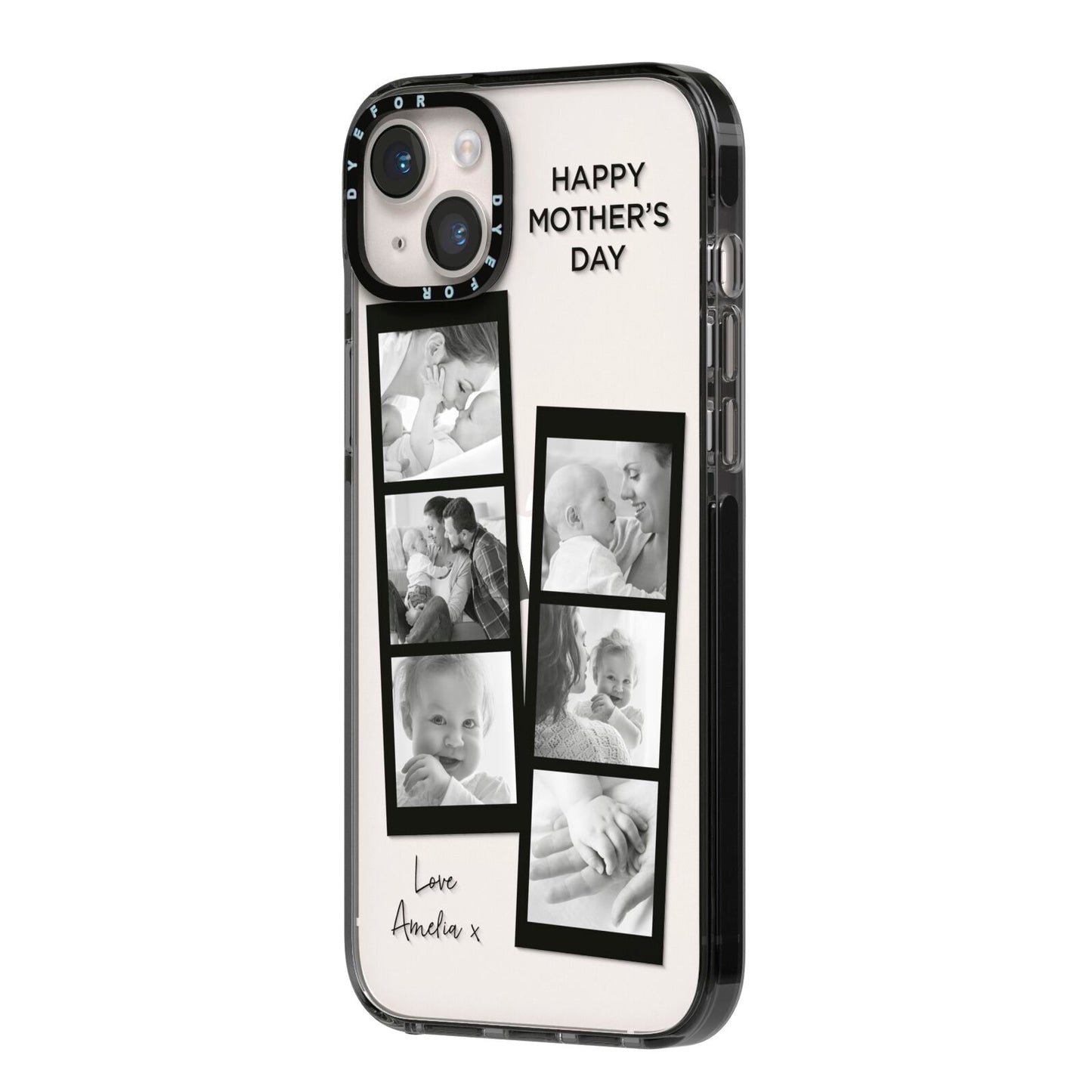 Mothers Day Photo Strip iPhone 14 Plus Black Impact Case Side Angle on Silver phone