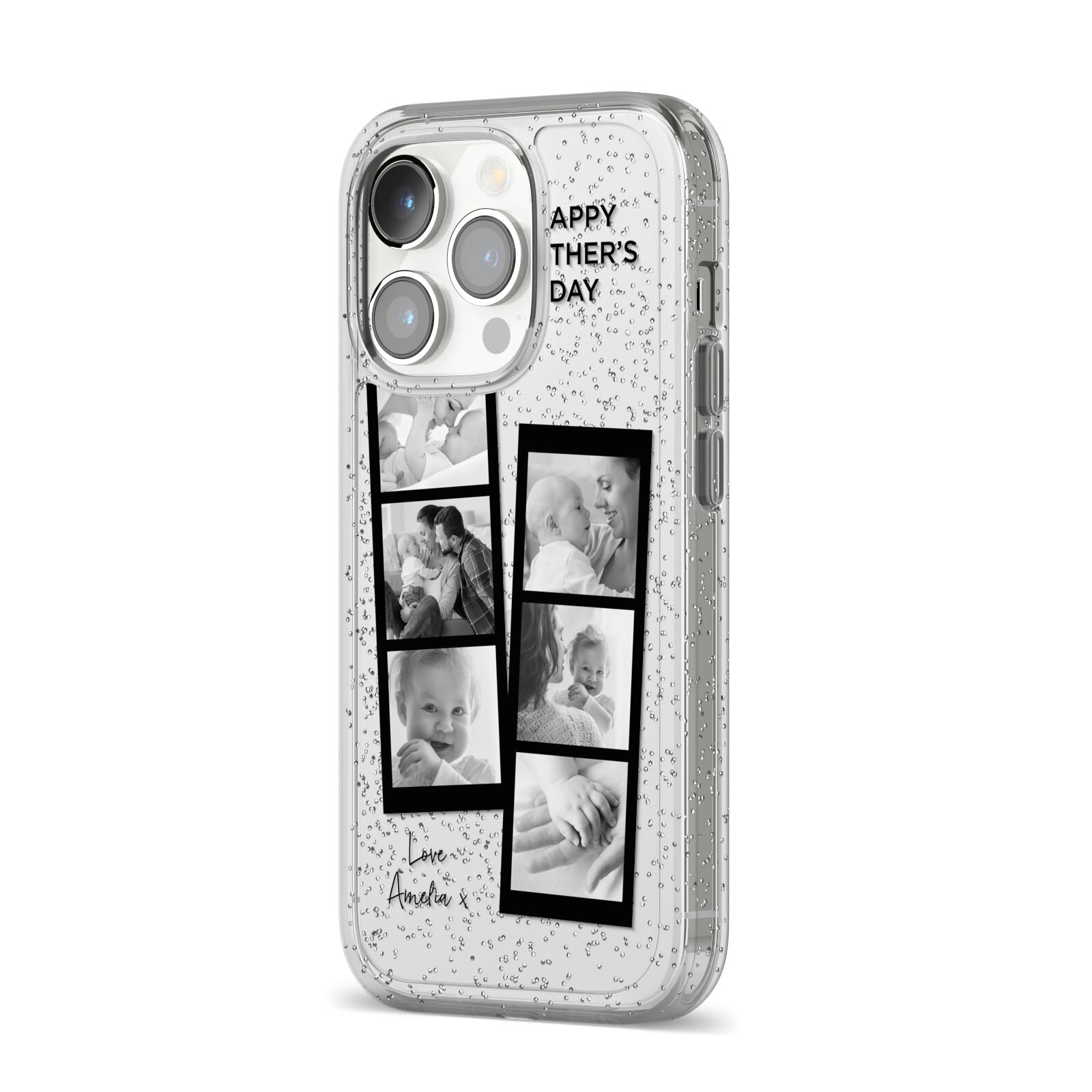 Mothers Day Photo Strip iPhone 14 Pro Glitter Tough Case Silver Angled Image