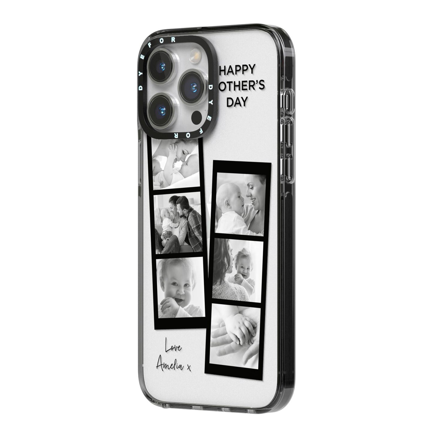 Mothers Day Photo Strip iPhone 14 Pro Max Black Impact Case Side Angle on Silver phone