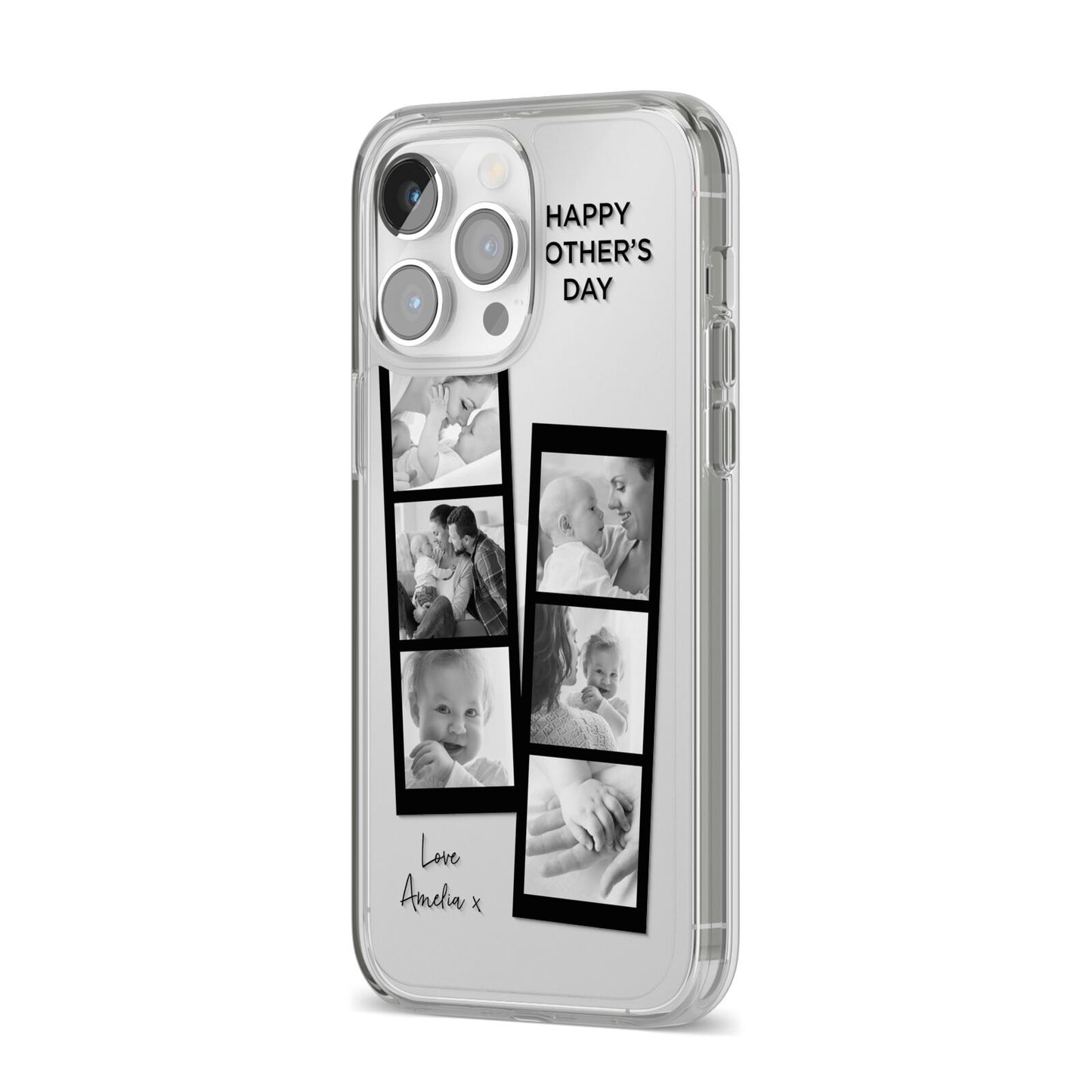 Mothers Day Photo Strip iPhone 14 Pro Max Clear Tough Case Silver Angled Image