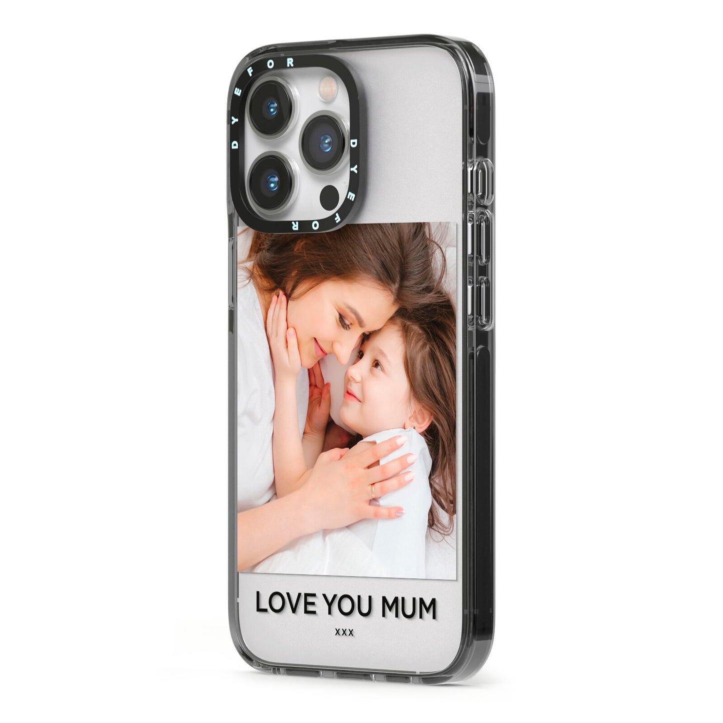 Mothers Day Photo iPhone 13 Pro Black Impact Case Side Angle on Silver phone