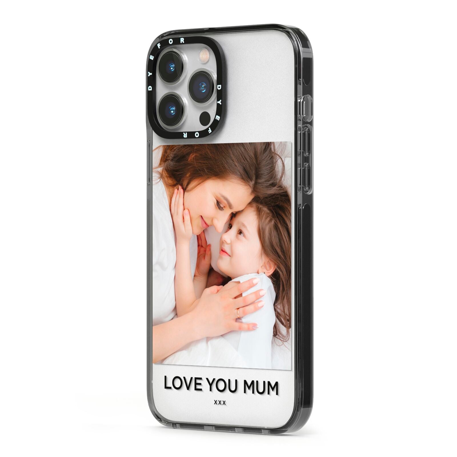 Mothers Day Photo iPhone 13 Pro Max Black Impact Case Side Angle on Silver phone