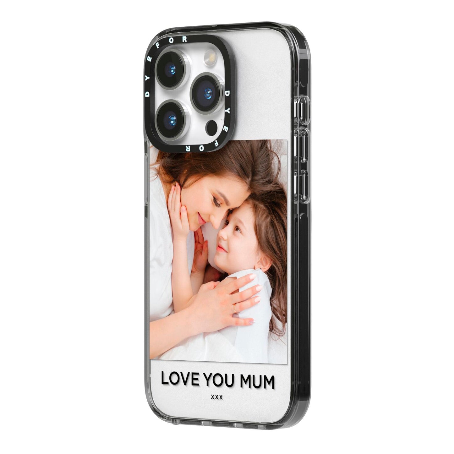 Mothers Day Photo iPhone 14 Pro Black Impact Case Side Angle on Silver phone