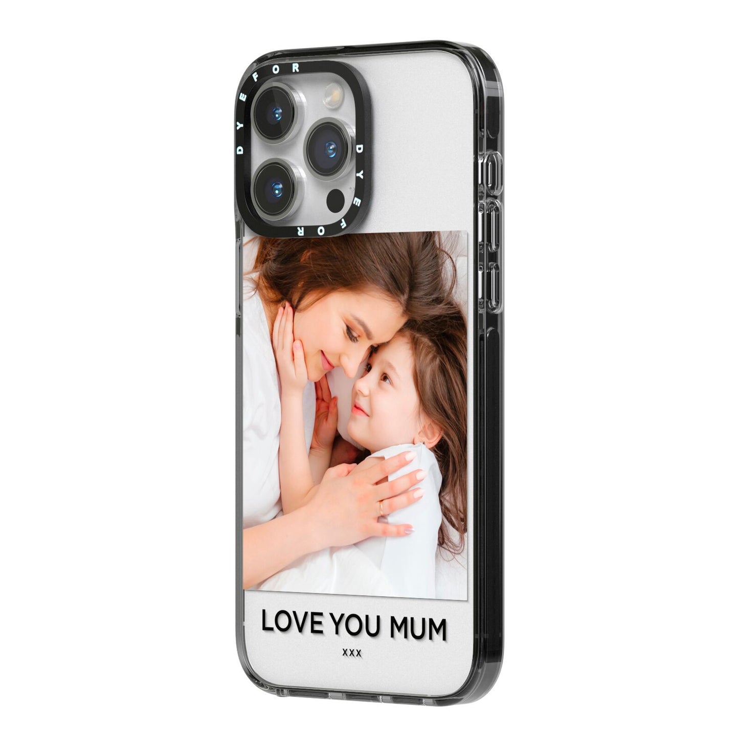 Mothers Day Photo iPhone 14 Pro Max Black Impact Case Side Angle on Silver phone