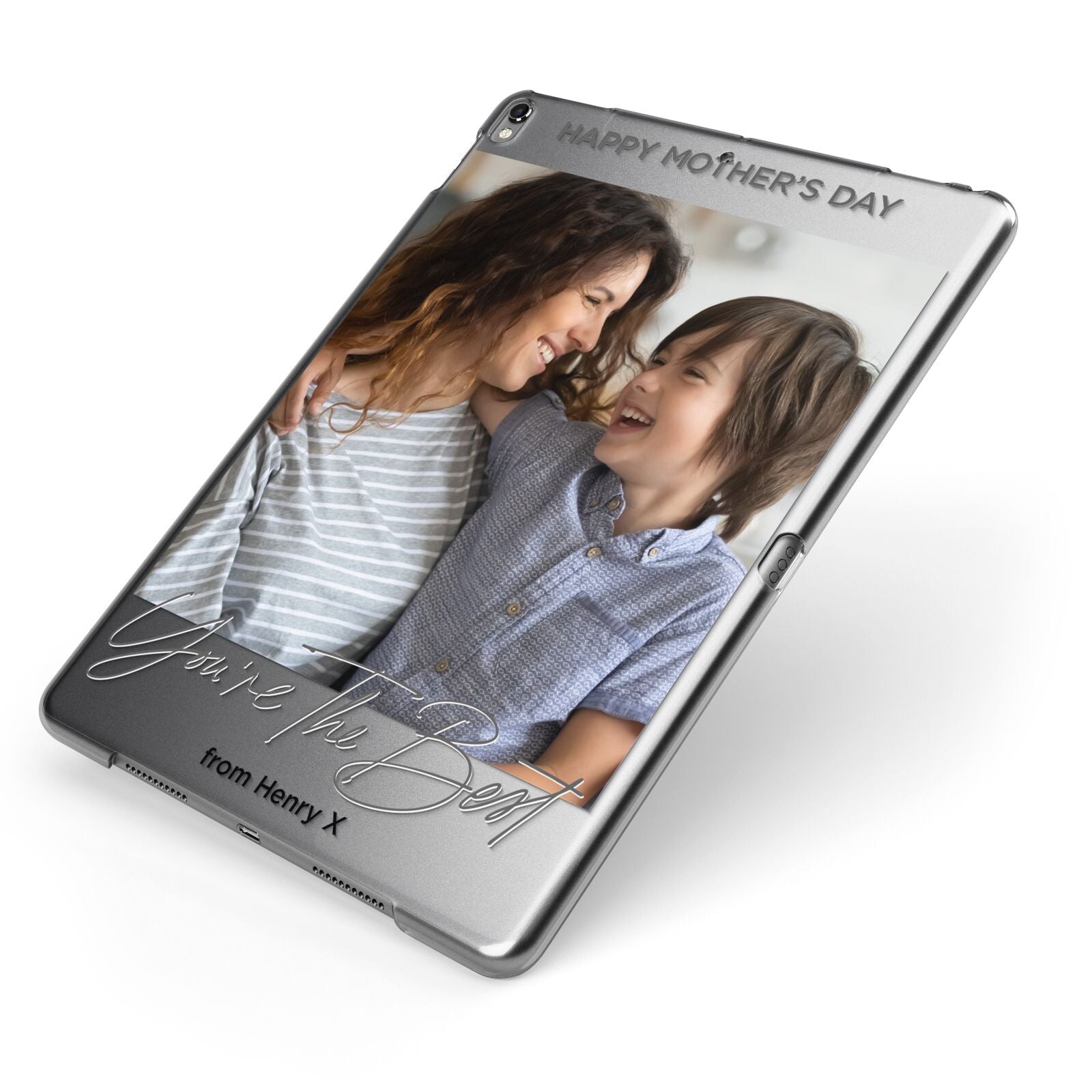 Mothers Day Photo with Name Apple iPad Case on Grey iPad Side View