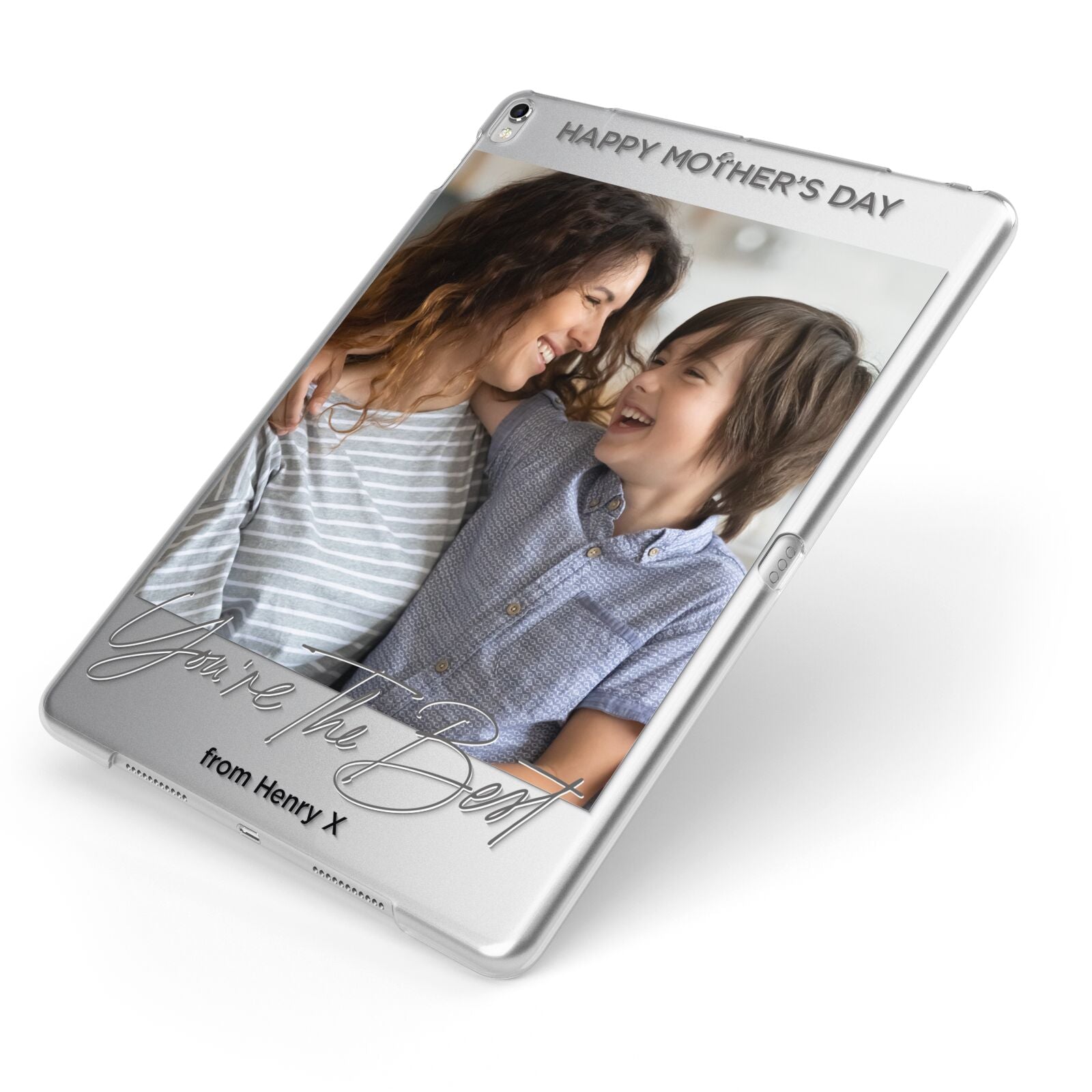 Mothers Day Photo with Name Apple iPad Case on Silver iPad Side View