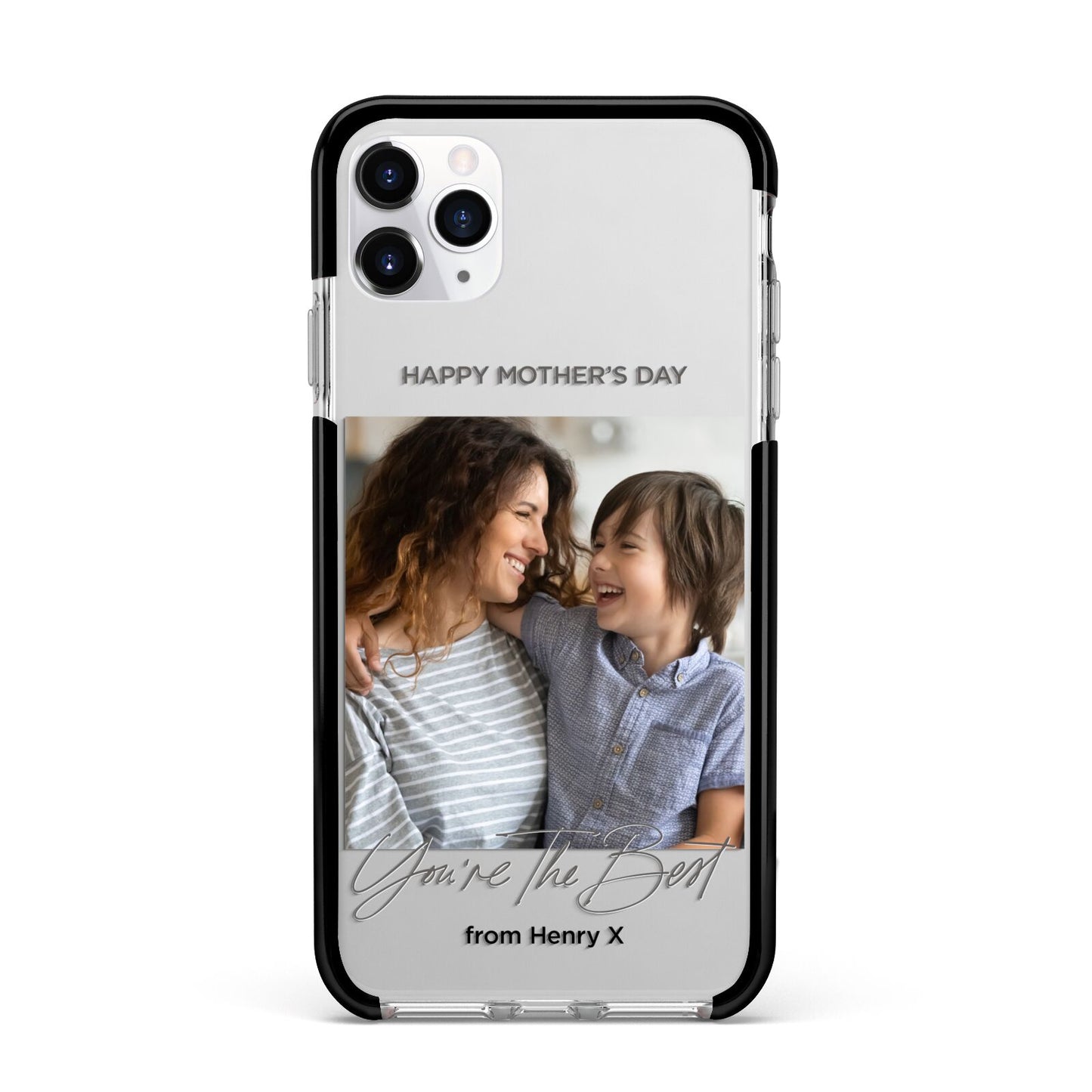 Mothers Day Photo with Name Apple iPhone 11 Pro Max in Silver with Black Impact Case